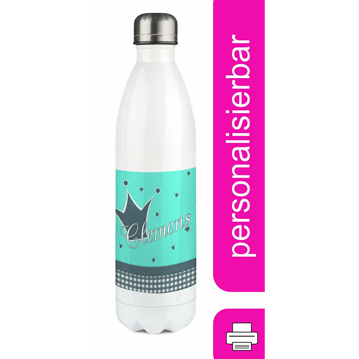 Edelstahl Kinder Thermoflasche / Trinkflasche bunt Krone Farbe türkis grau Spülmaschinenfest, Auslaufsicher, Bruchfest, Doppelwandig, Für Heißgetränke geeignet, Mit Deckel, Isoliert