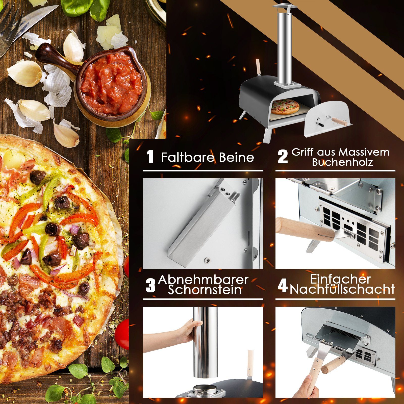 COSTWAY Pizzaofen, inkl. Pizzaschieber & Pizzastein, Gas & Holz, bis zu 450 °C