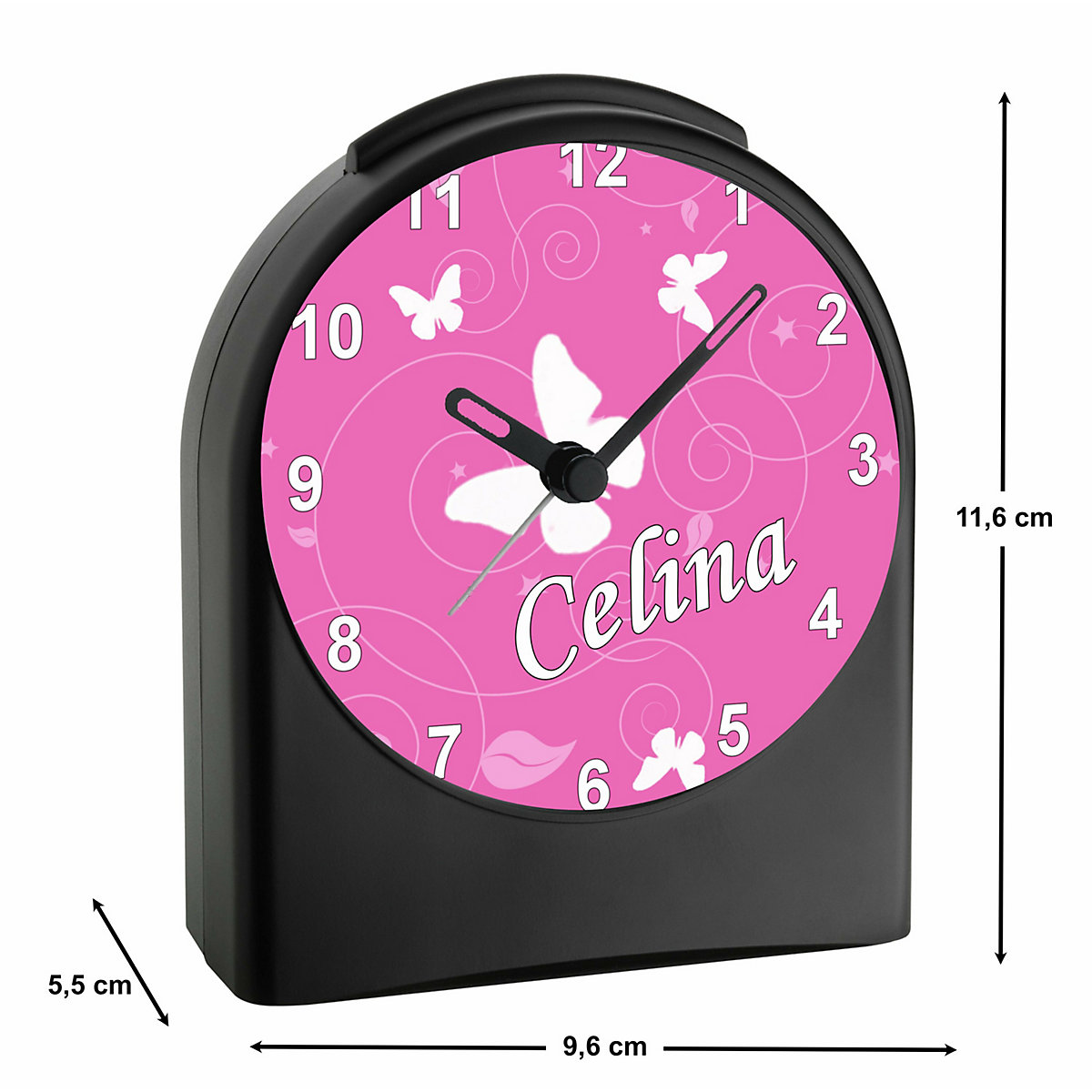Kinder Funkwecker personalisiert mit Namen Schmetterling Ornamente Atom-/Funkuhr, 12-Stunden-Anzeigeformat, Schlummerfunktion, Nachtlicht, Geräuschlos/Ohne Ticken