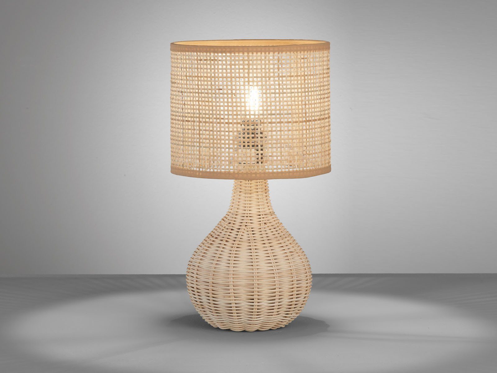 meineWunschleuchte LED Nachttischlampe, LED wechselbar, Warmweiß, Holzfuß & Designer Lampenschirm Korb-Geflecht Landhaus-Stil, Höhe 37cm