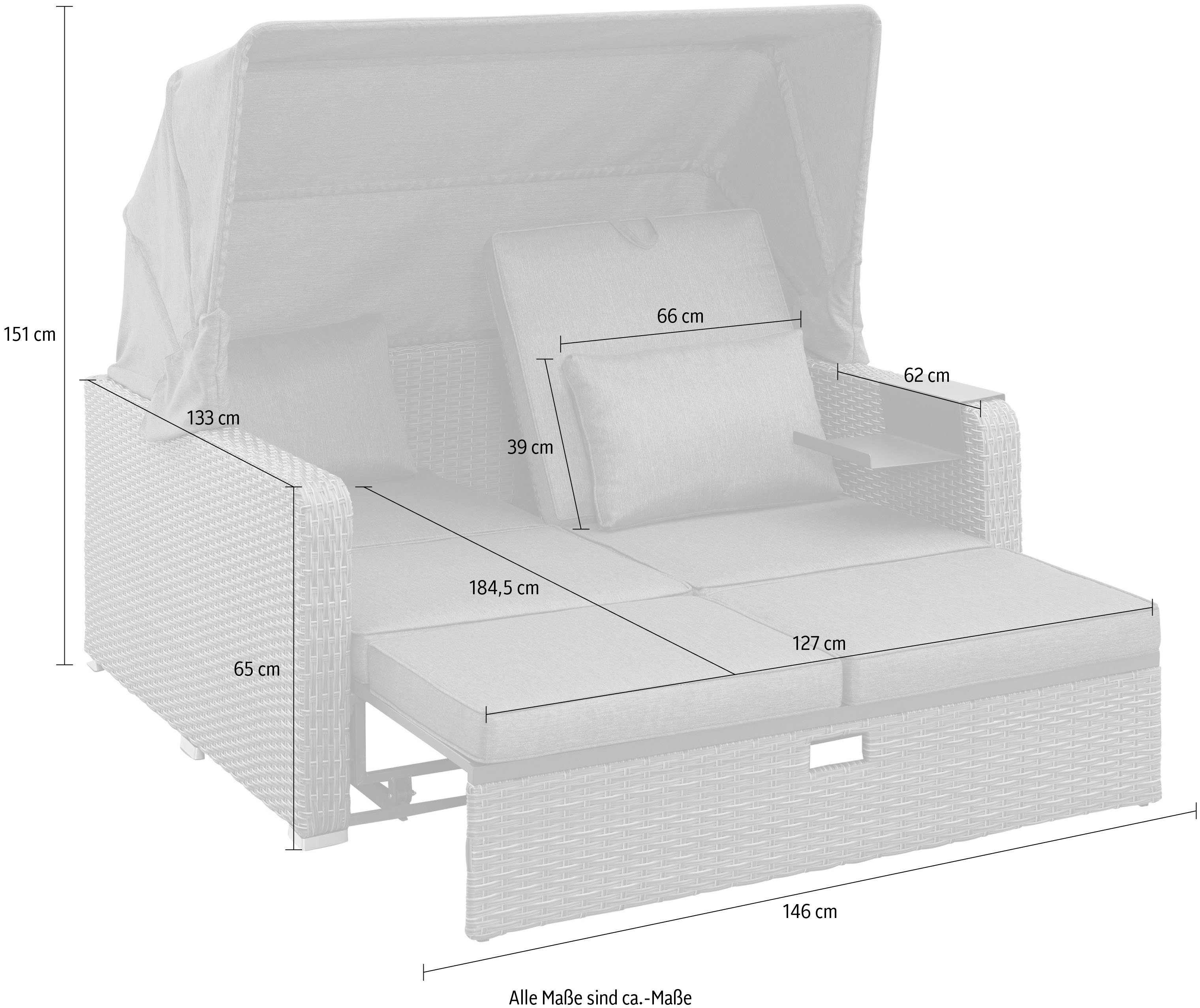 KONIFERA Loungebett Sylt, 8 Teile, Sofa, Zierkissen, Hängetisch mit klappbarem Dach