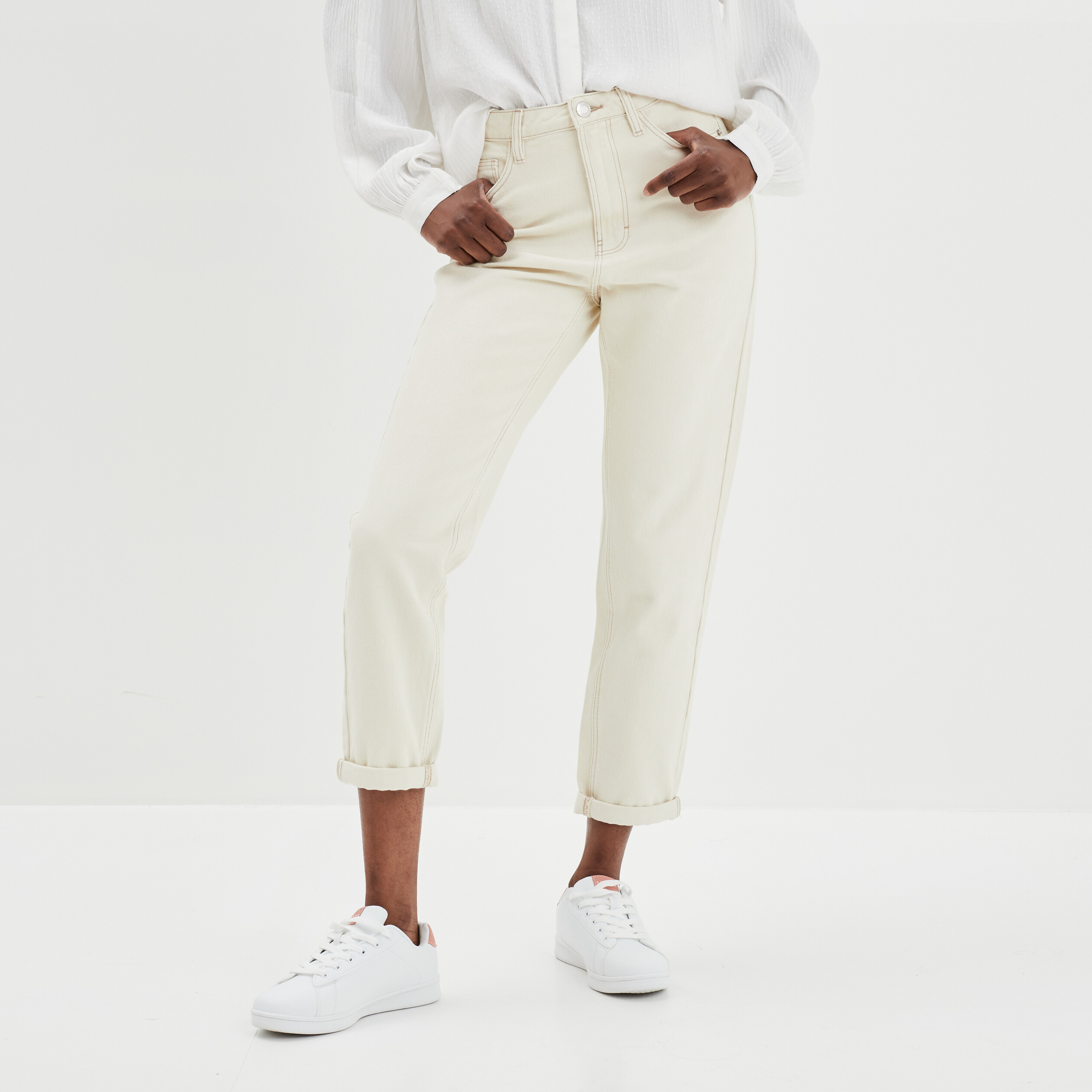 Jeans mom taille haute 7 8ème coton ecru femme | La Halle