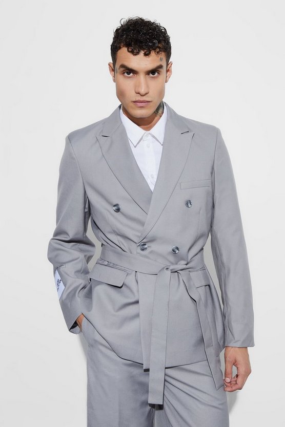 Zweireihiger Oversize Wickel-Blazer mit Gürtel