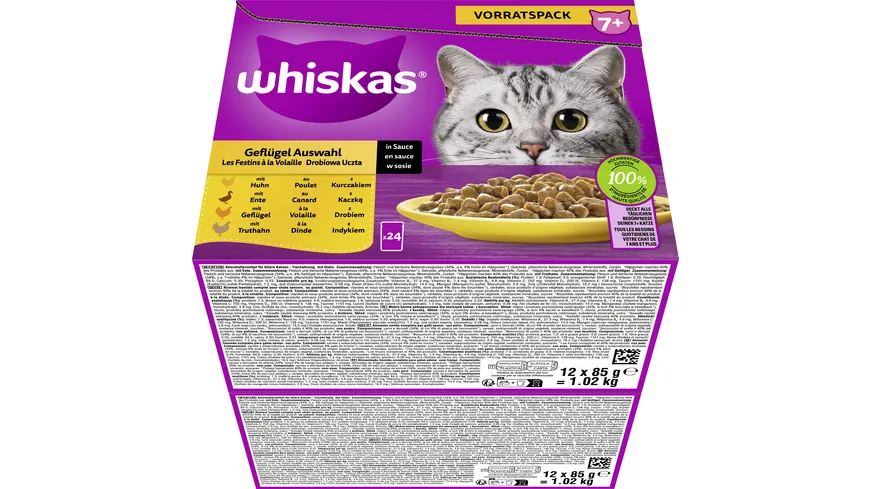 Whiskas® Portionsbeutel 7+ Geflügel Auswahl in Sauce Katzennassfutter 2040 g