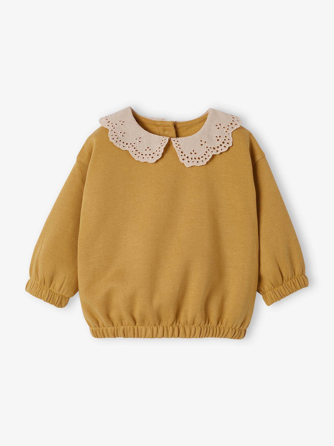 Sweat en molleton bébé col en broderie anglaise bois de rose