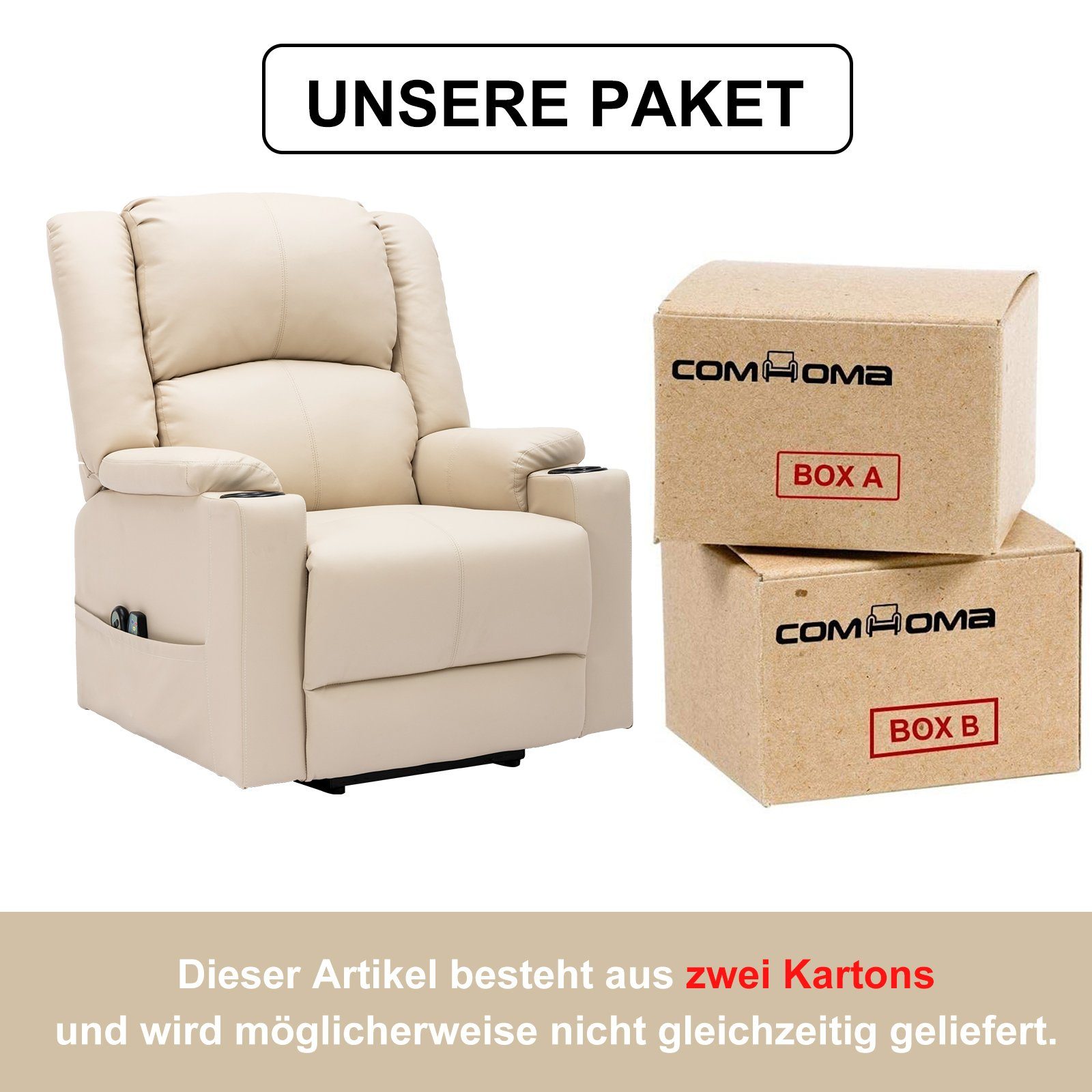 COMHOMA Relaxsessel Powerlift-Liegestuhl Massagesessel für ältere Menschen, mit 2 Seitentaschen und Getränkehalter, Massage & Heizung-Funktion