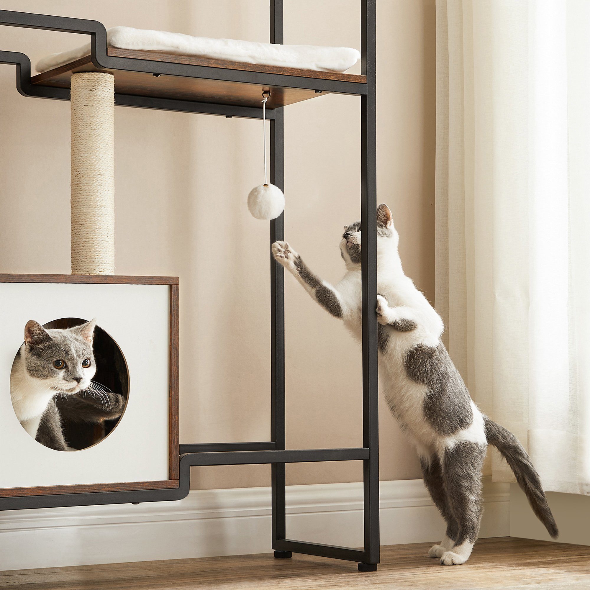 FEANDREA Kratzbaum, Katzenbaum,2-in-1-Möbel,große obere Ablagefläche,Kissen