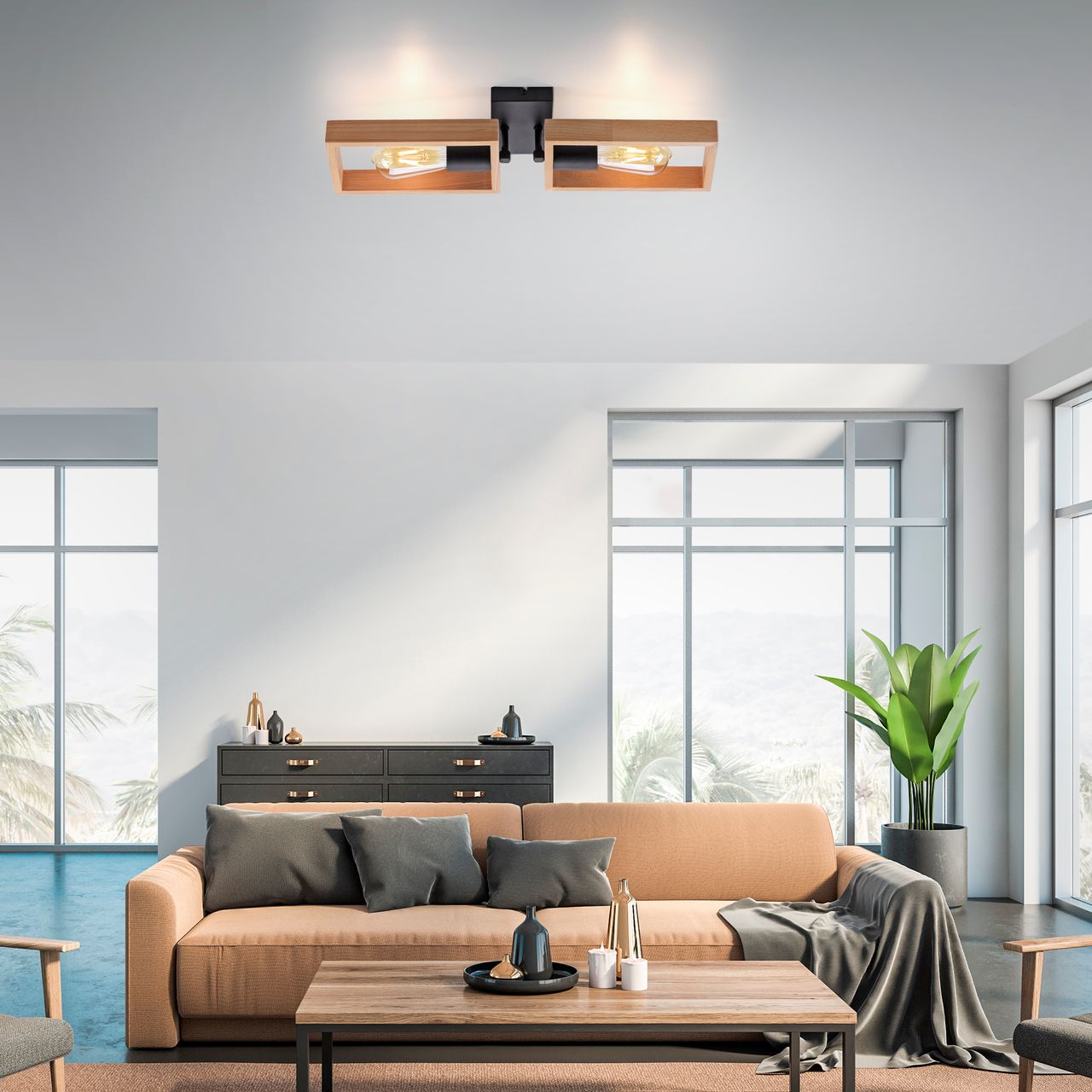 JUST LIGHT LeuchtenDirekt Deckenleuchte FRAME, 2xE27/max. 60W, Innenleuchte, IP20, Metall und Holz