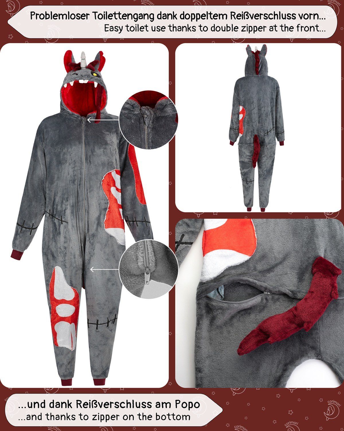 Corimori Jumpsuit Flauschiges Zombie Einhorn Kostüm für Kinder (2-tlg) mit Haarreif, Onesie, Mädchen, Jungen, Karneval, Fasching, Halloween