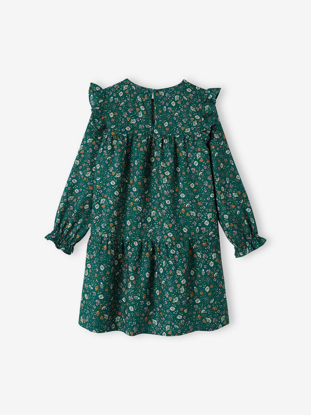 Robe imprimée fleurs manches volantées fille bleu nuit
