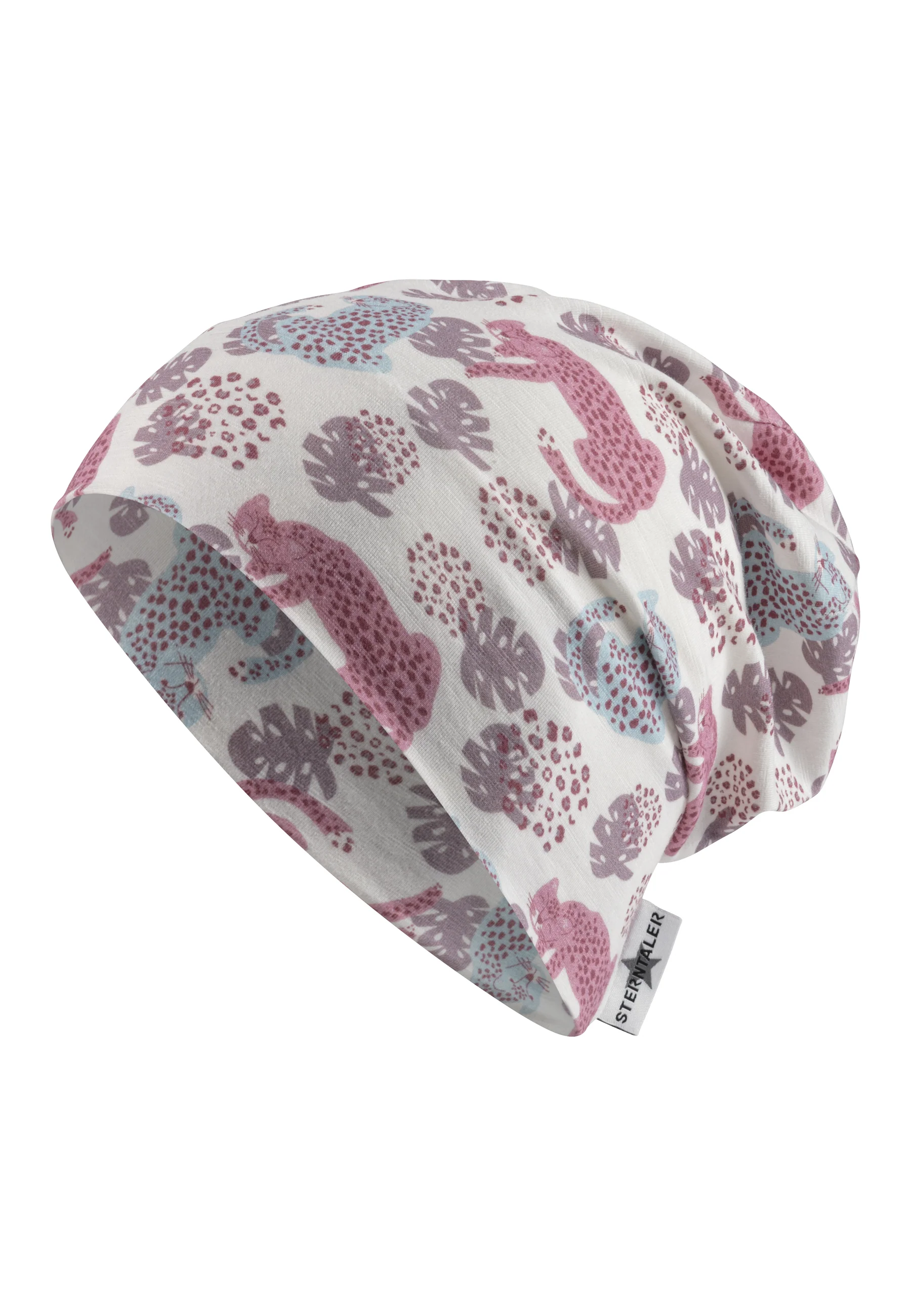 Beanie bedruckt mit Leoparden und Blättern in ecru