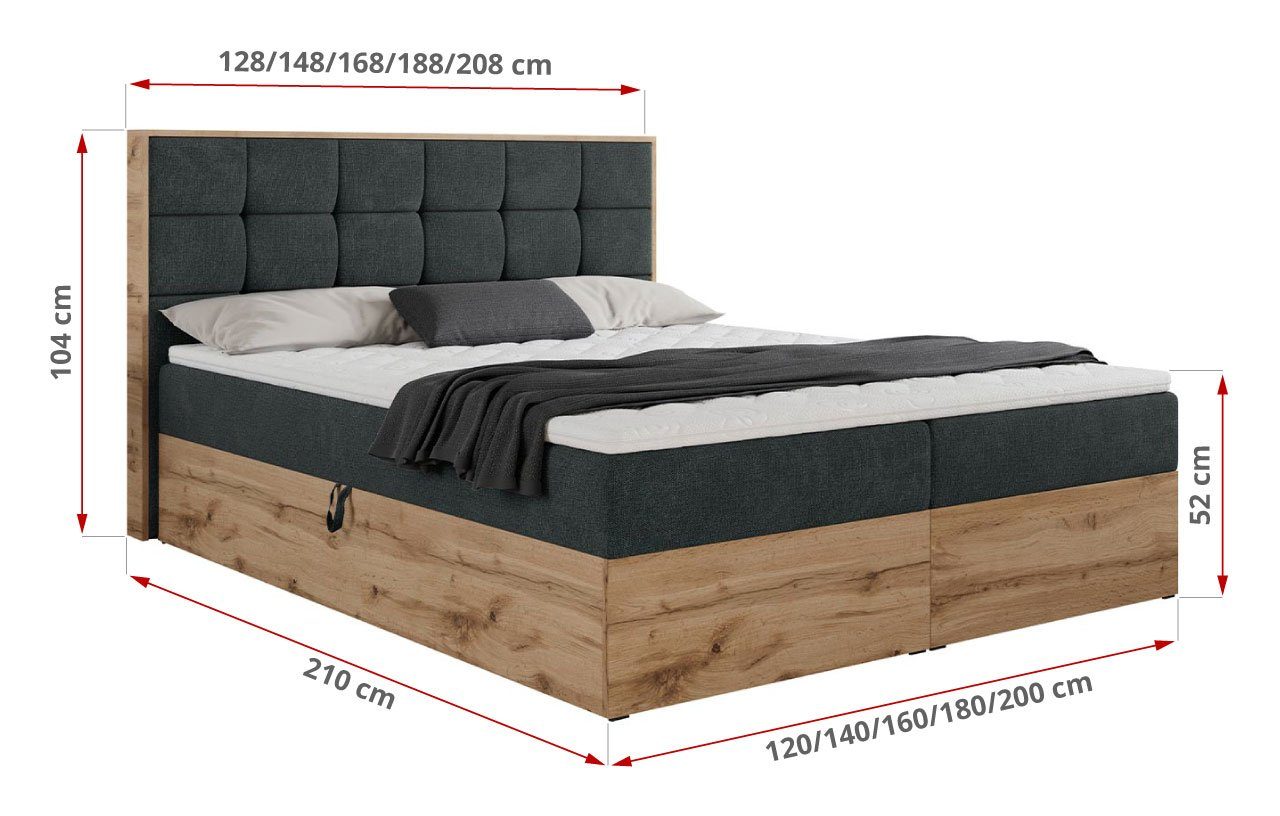 MKS MÖBEL Boxspringbett ALBERO 1, Doppelbett, Multipocket-Matratze, Eiche Holzrahmen, Praktisch