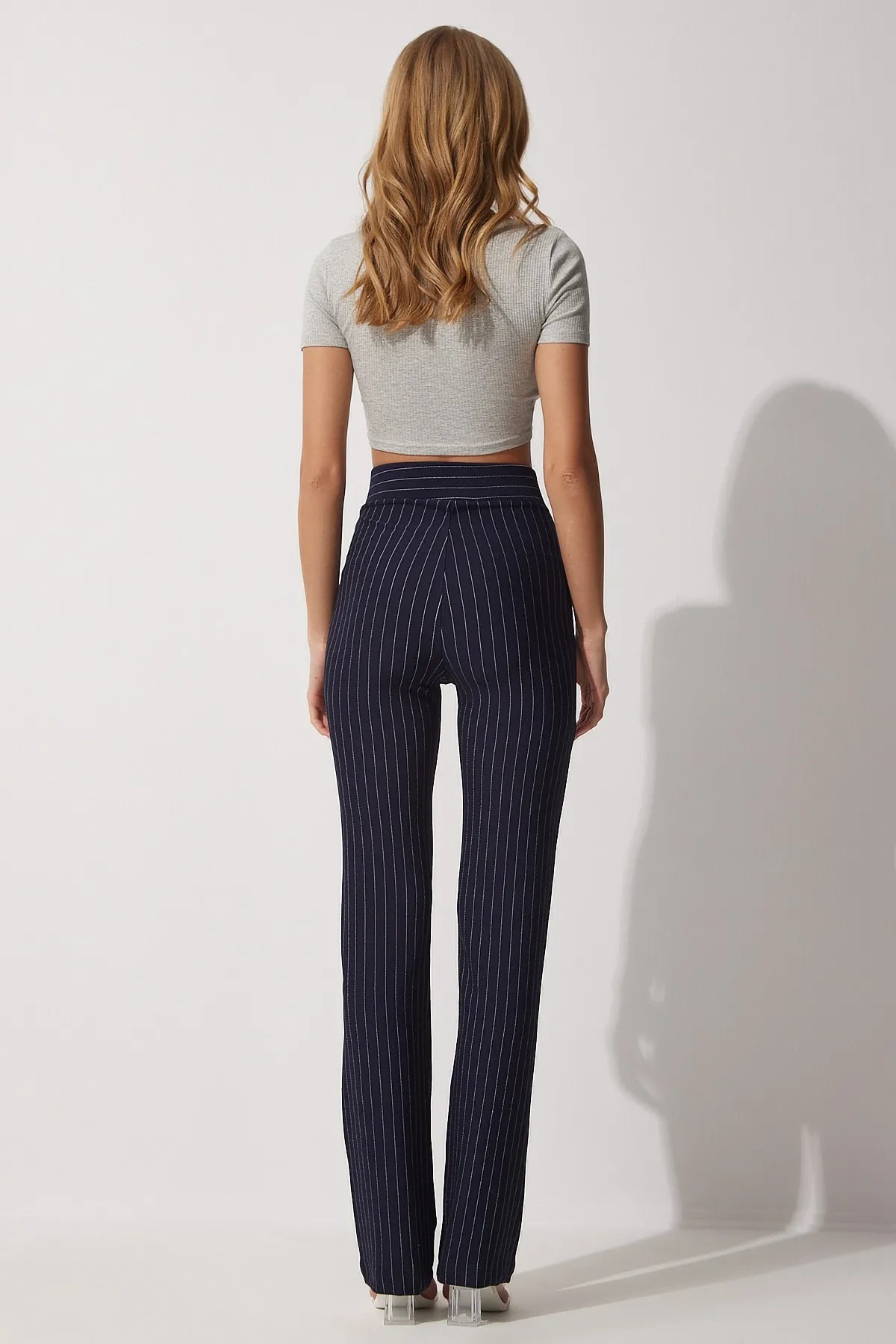 Happiness İstanbul  Marineblaue gestreifte Damenhose mit hoher Taille RV00094