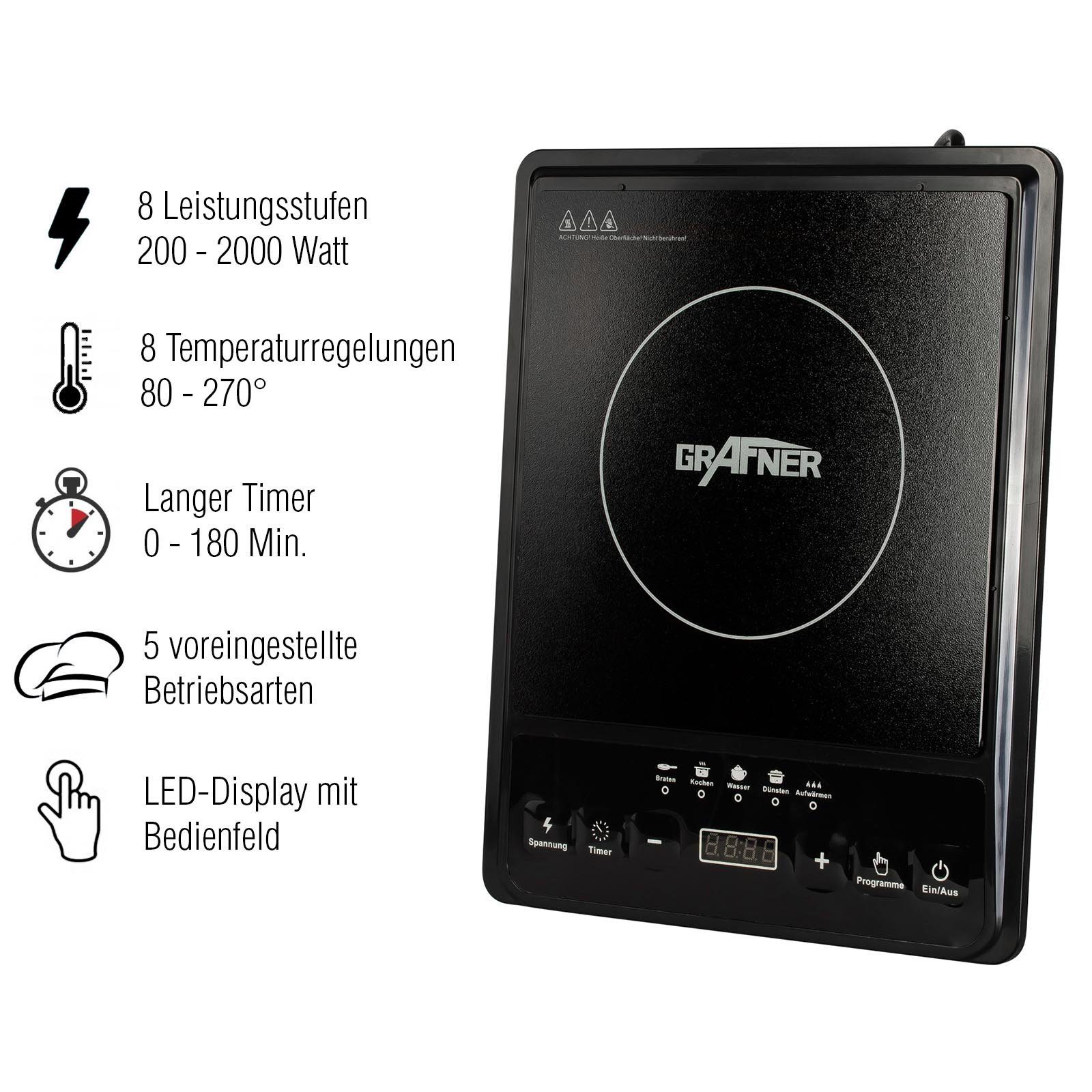 Grafner Einzel-Induktionskochplatte Camping Kochplatte einzel Induktion, 2000 Watt, schwarz mit Timer