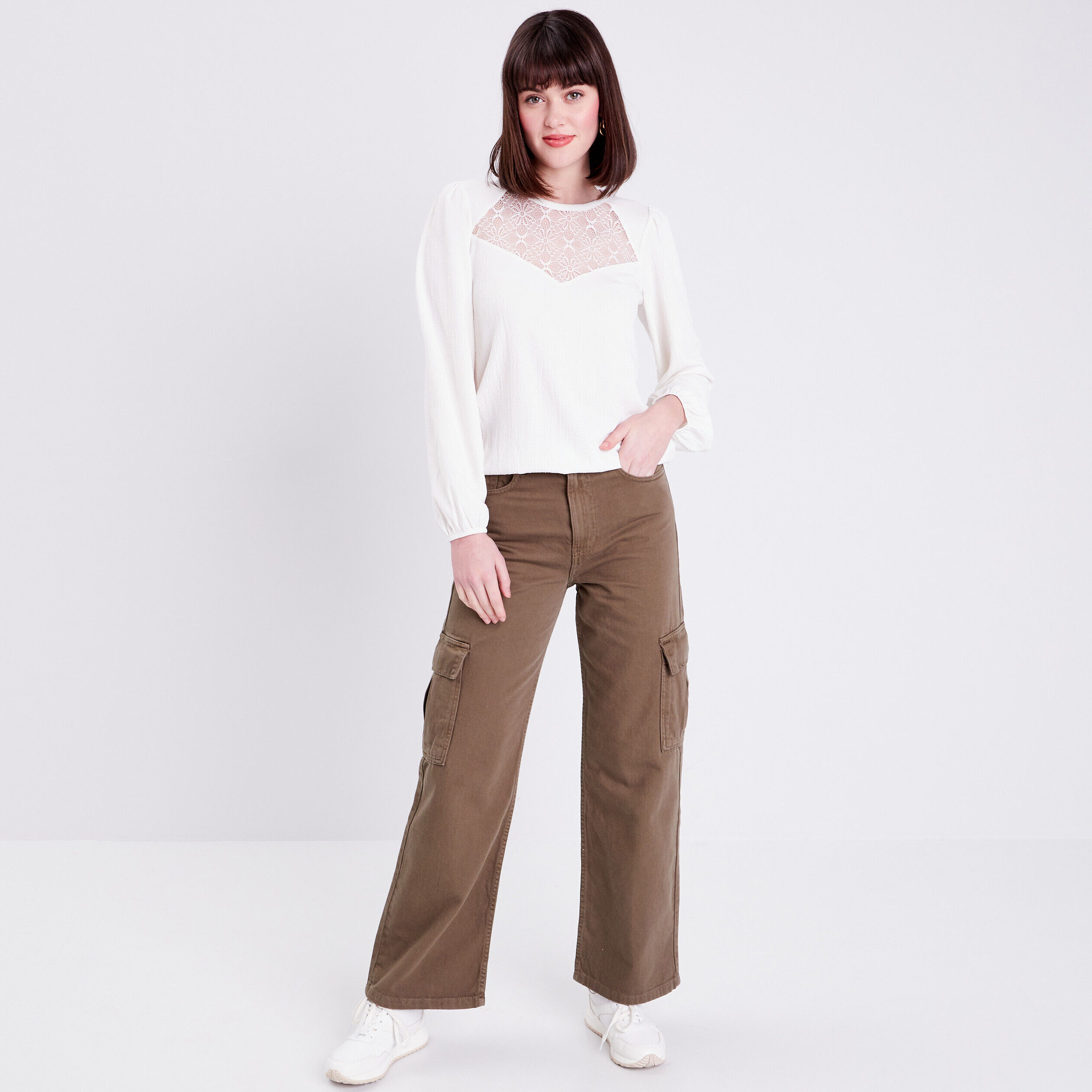 Jeans wide leg cargo vert foncé femme | Cache Cache