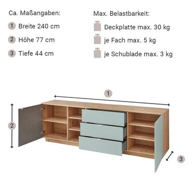 Lomadox Wohnwand CUST-36, (3-St., 3-tlg), Set mit 2 Wandboards grün mit Eiche 240 cm, Wohnwand, Fernsehschrank