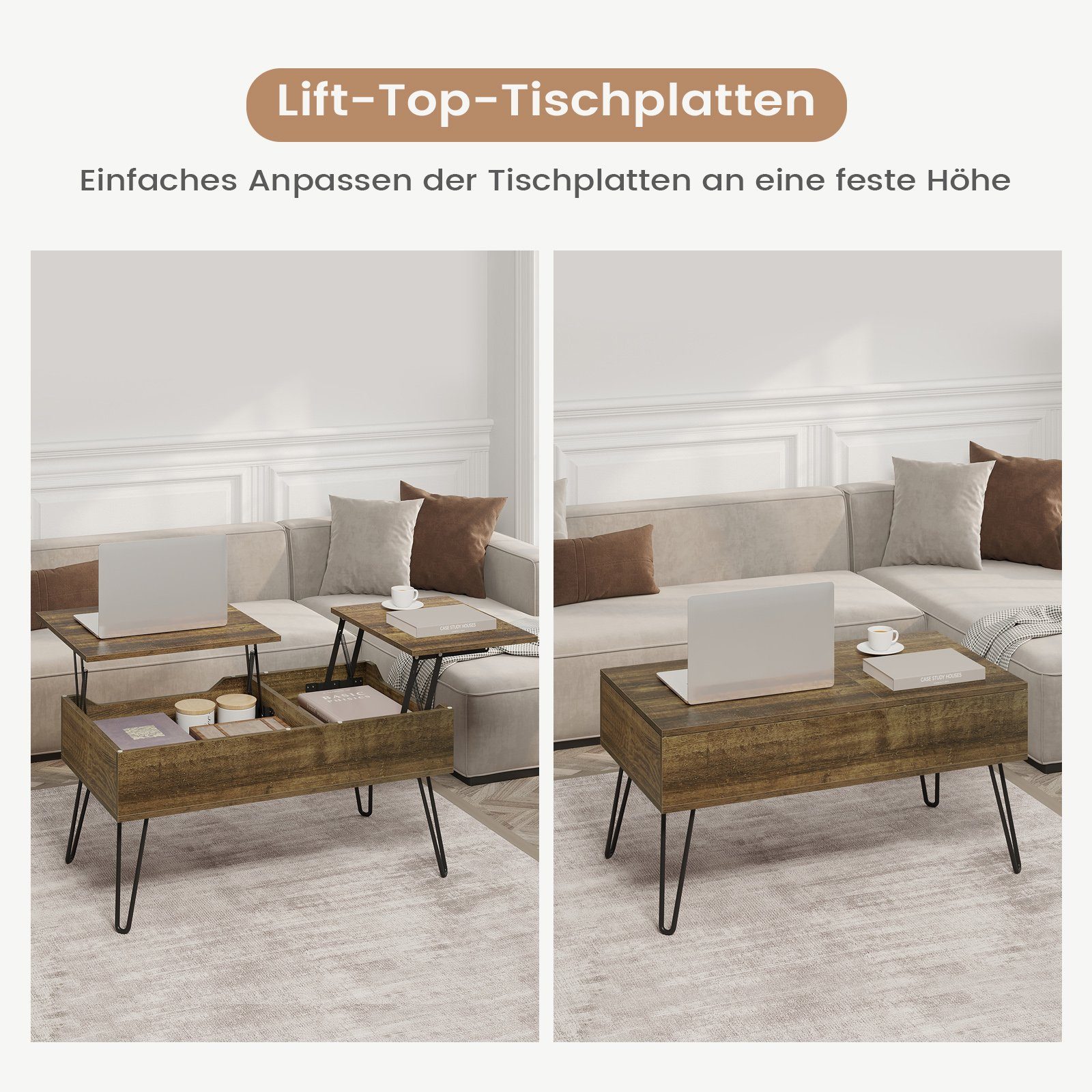 Woltu Couchtisch (1-St), separates verstecktes Ablagefach, Doppelte Hubplatte