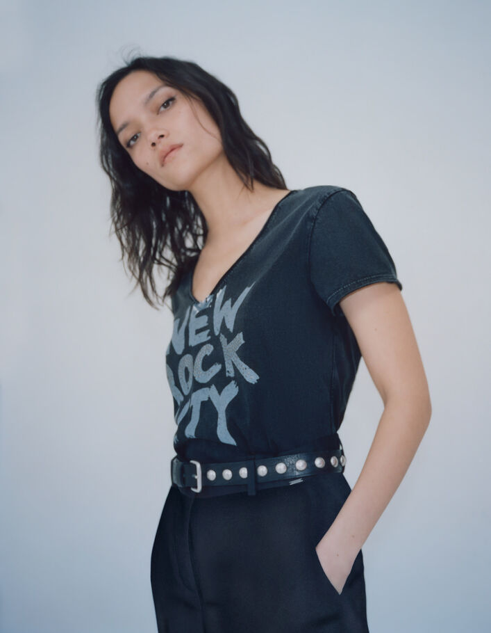 Tee-shirt noir message Rock et clous Femme