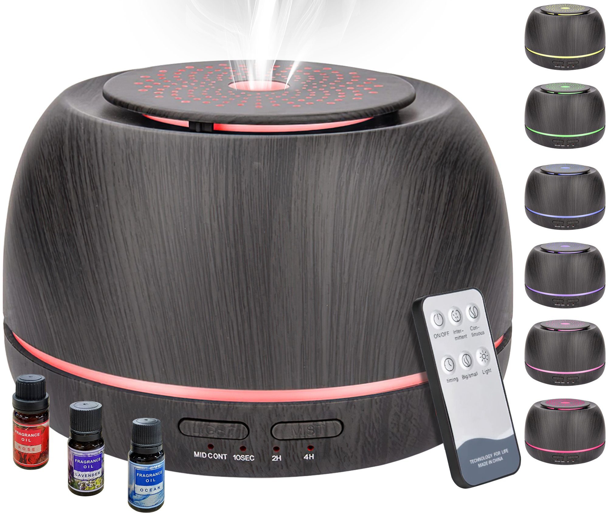 Vbrisi Luftbefeuchter Aroma Diffuser Luftbefeuchter Holzmaserung Duftöl Diffuser, 0,30 l Wassertank, Holzoptik, 7-Farben-Blendung, mit Fernbedienung, 3-teiligem Duftölset