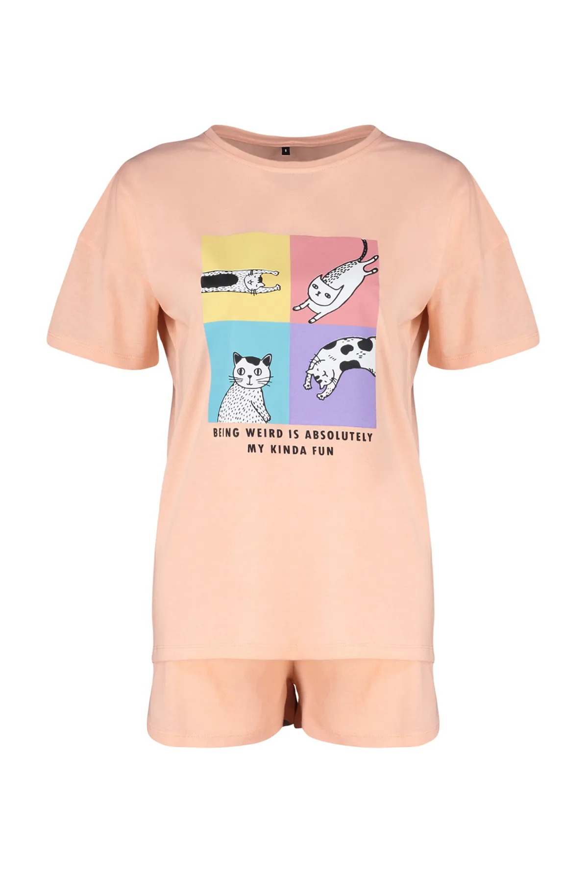 Trendyol Collection  Lachsfarbenes Strickpyjama-Set aus 100 % Baumwolle mit Katzenmuster THMSS24PT00093