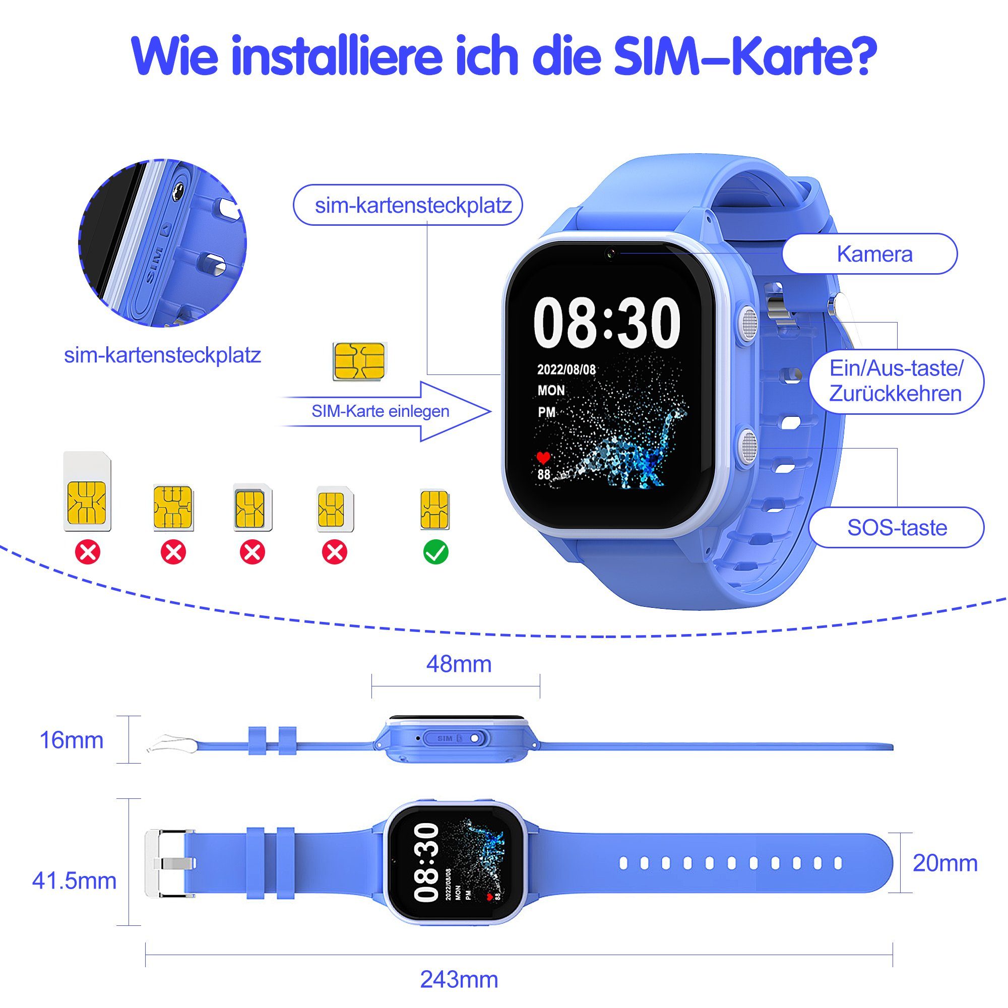 Tisoutec Kinder Smartwatch Telefon,Anrufe,Nachrichten,SOS-Funktion, Smartwatch (1.85 cm), Touchscreen Kinder Smartwatch, Smartwatch Telefon für Kinder - 4G, Kamera,telefonieren, SMS empfangen