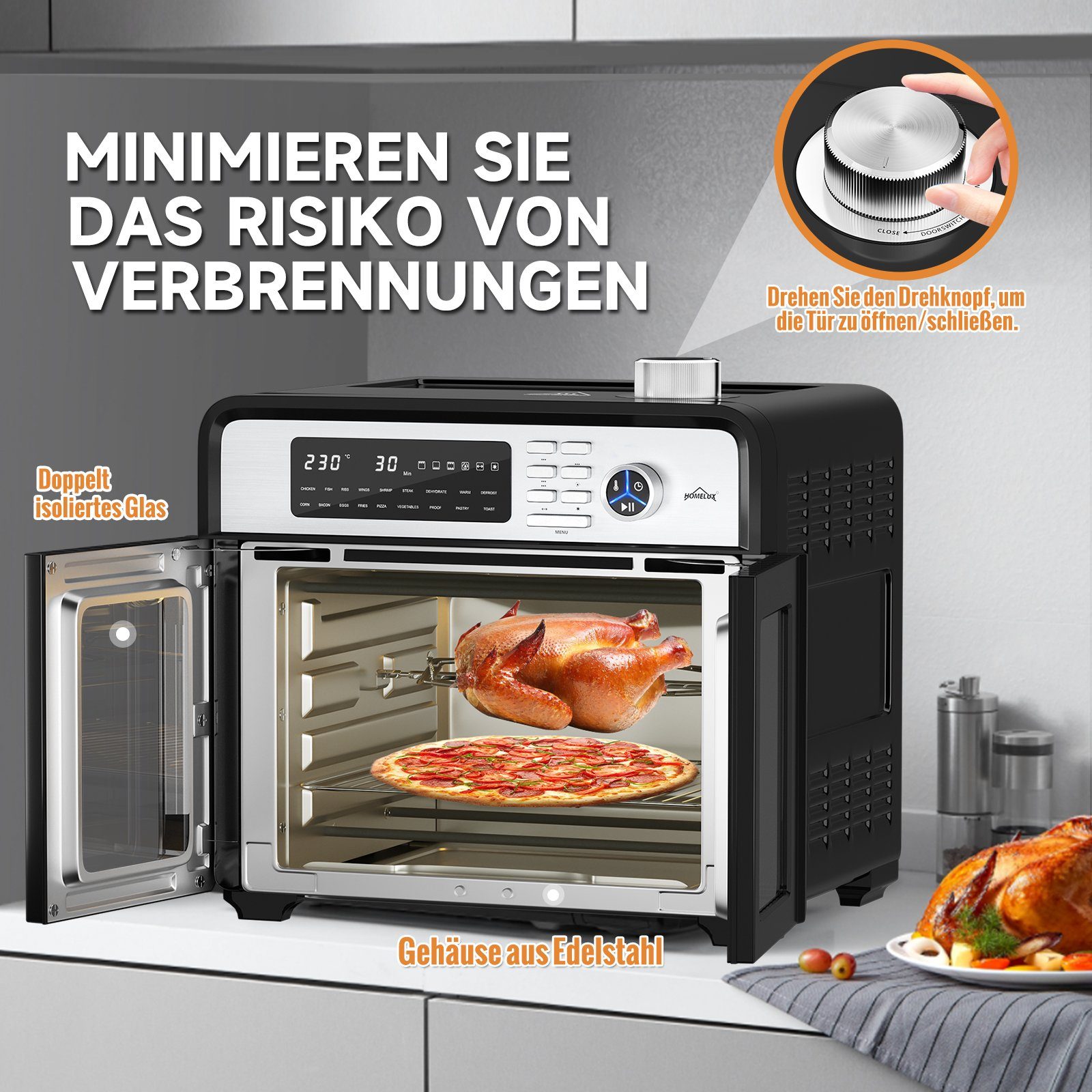 HOMELUX Minibackofen mit Umluft, Heißluftfritteuse XXL 28L, Heißluft-Backofen, Airfryer, 1700W, 18 Programme, 7 Zubehörteile inkl. Drehspieß, Doppelventilator