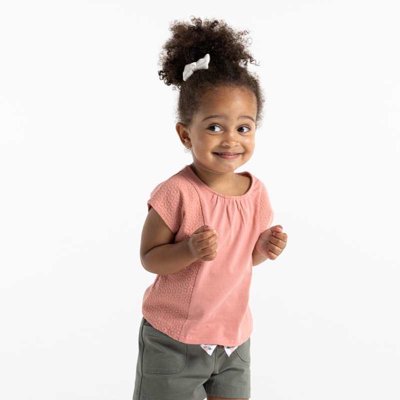 Blouse brodée bi-matière rose bébé fille