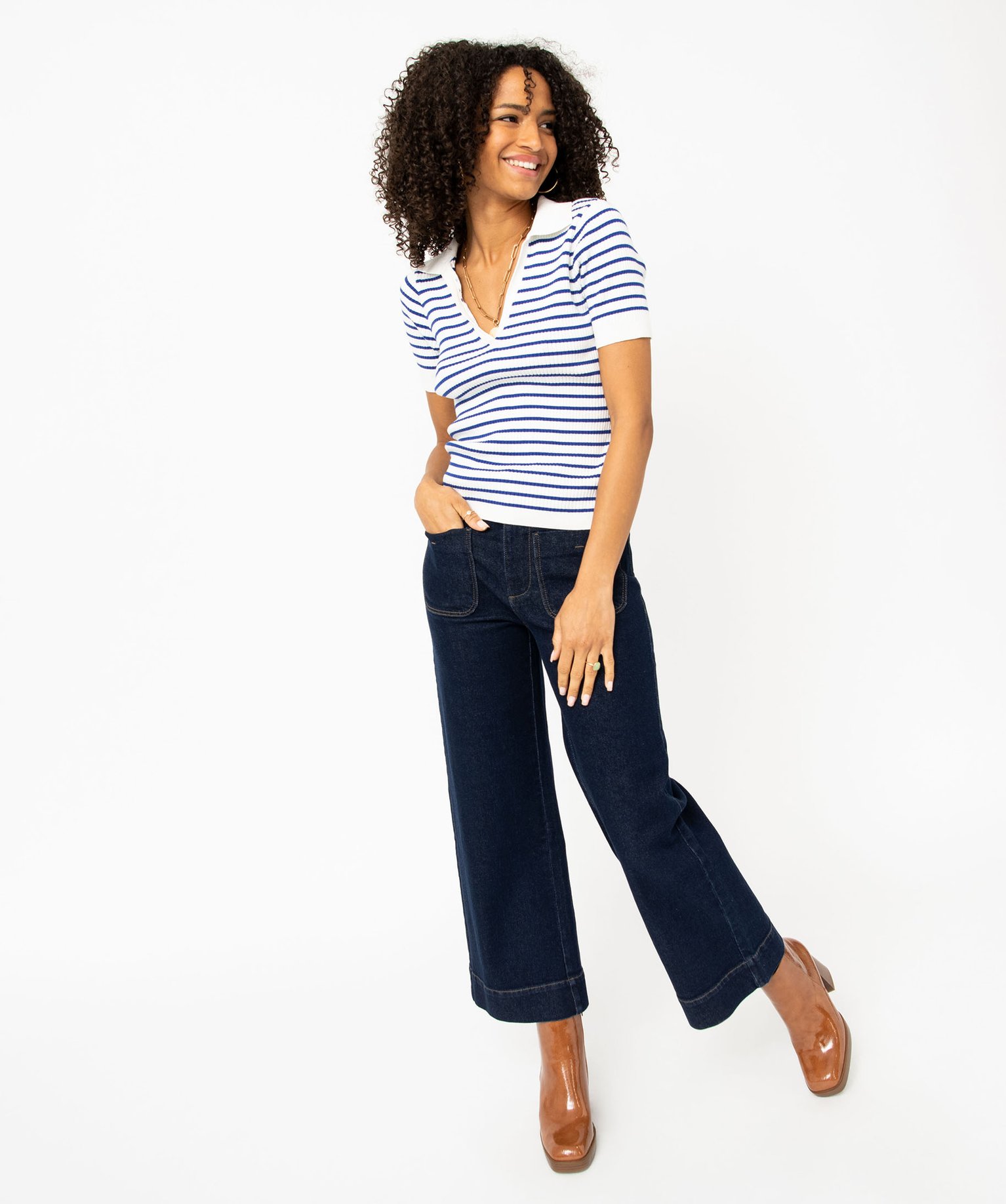 Pull rayé à manches courtes et col V femme raye | GEMO