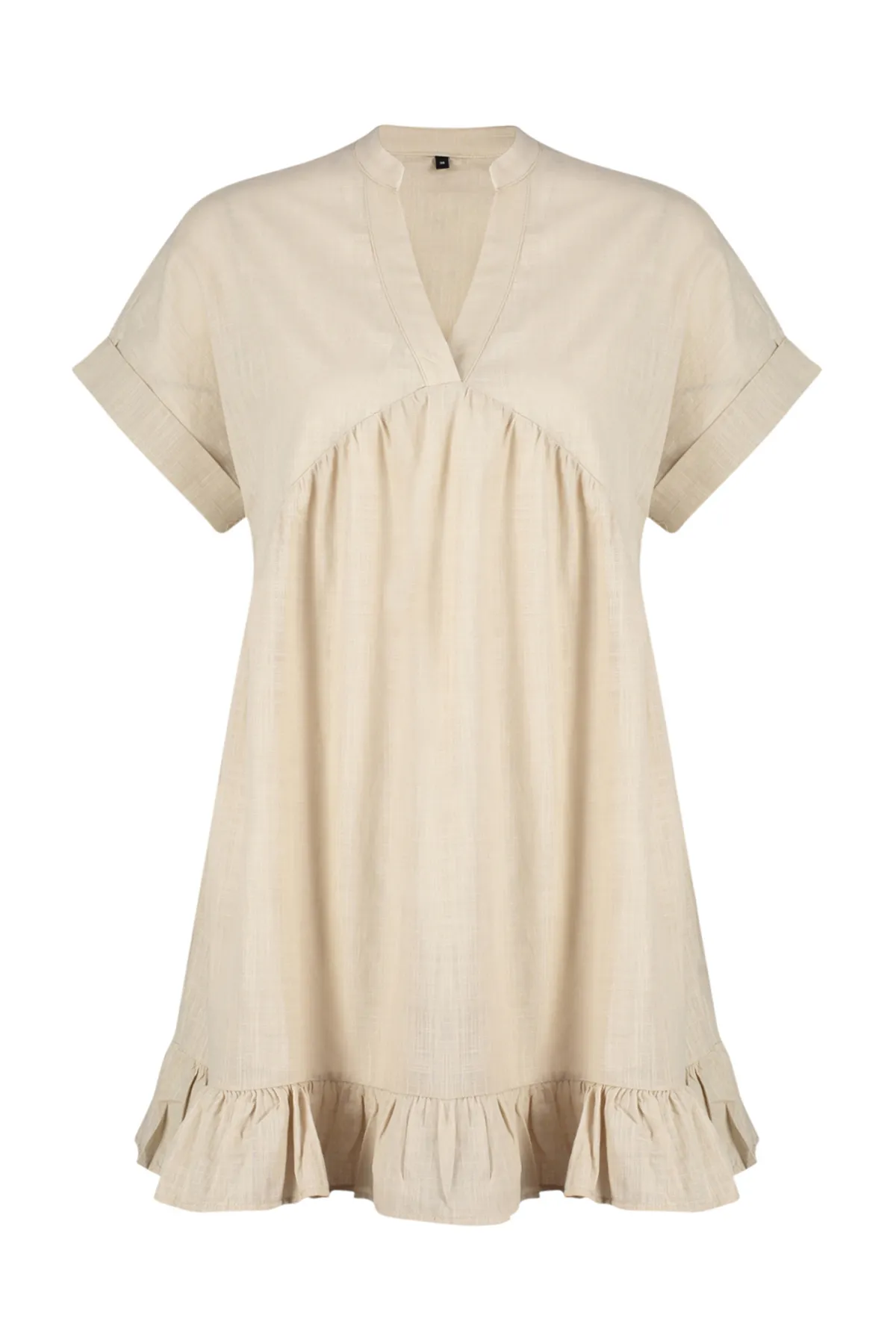 Trendyol Collection  Beigefarbenes, weit geschnittenes Mini-Strandkleid mit gewebten Rüschen TBESS24EL00113