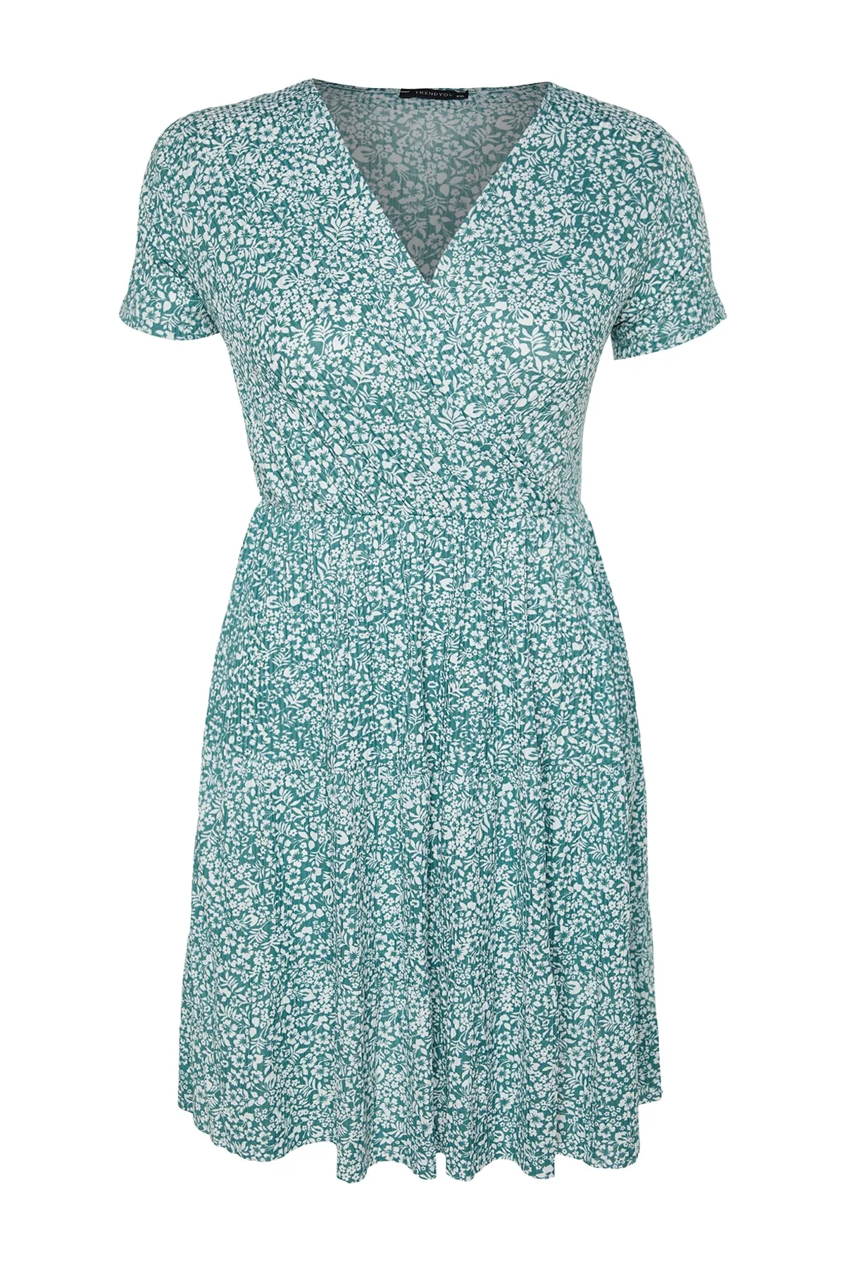 Trendyol Curve  Grünes Strickkleid mit V-Ausschnitt und Blumenmuster TBBSS22EL1638