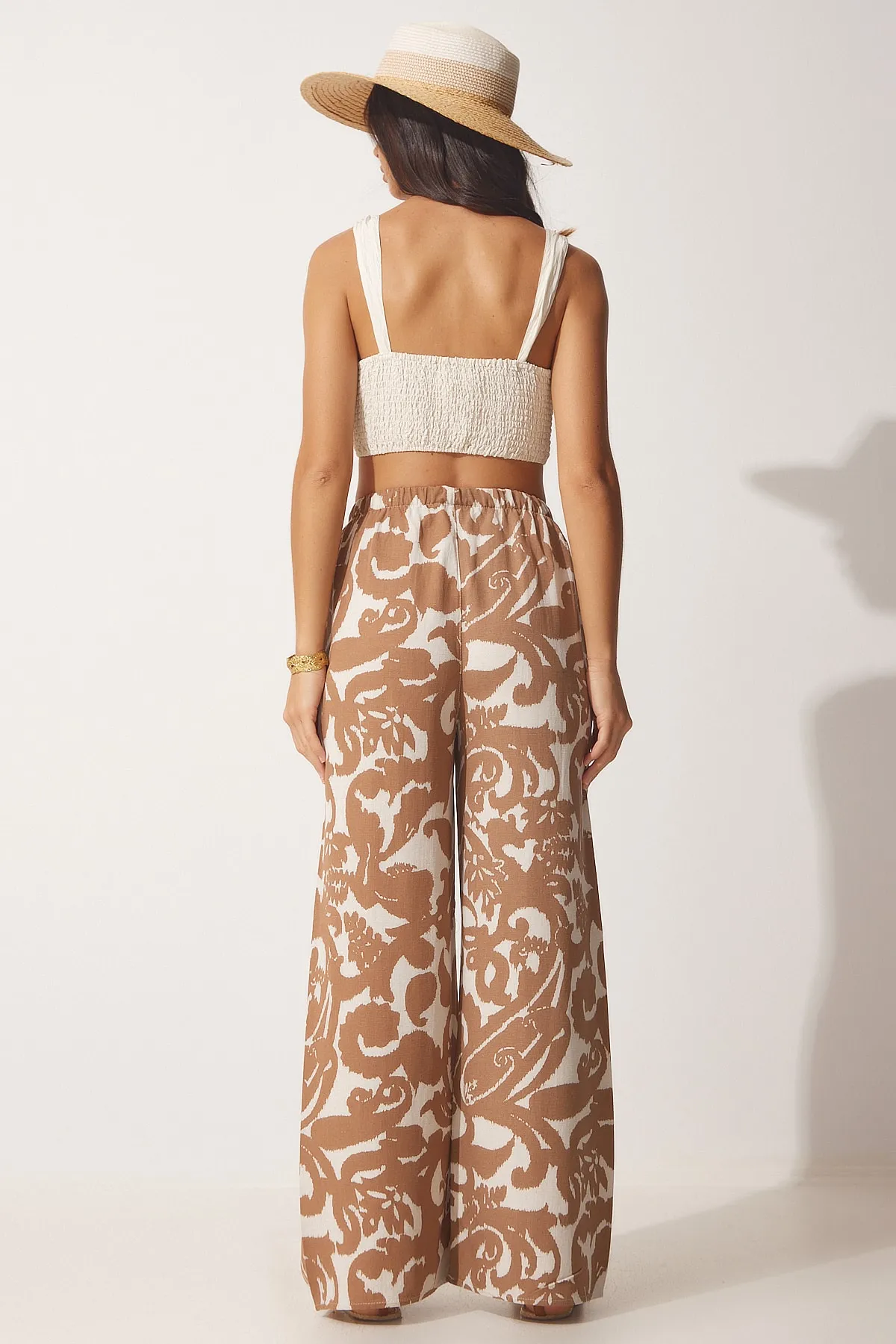 Happiness İstanbul  Braune, cremefarbene, geblümte Leinen-Palazzo-Hose für Damen BH00385