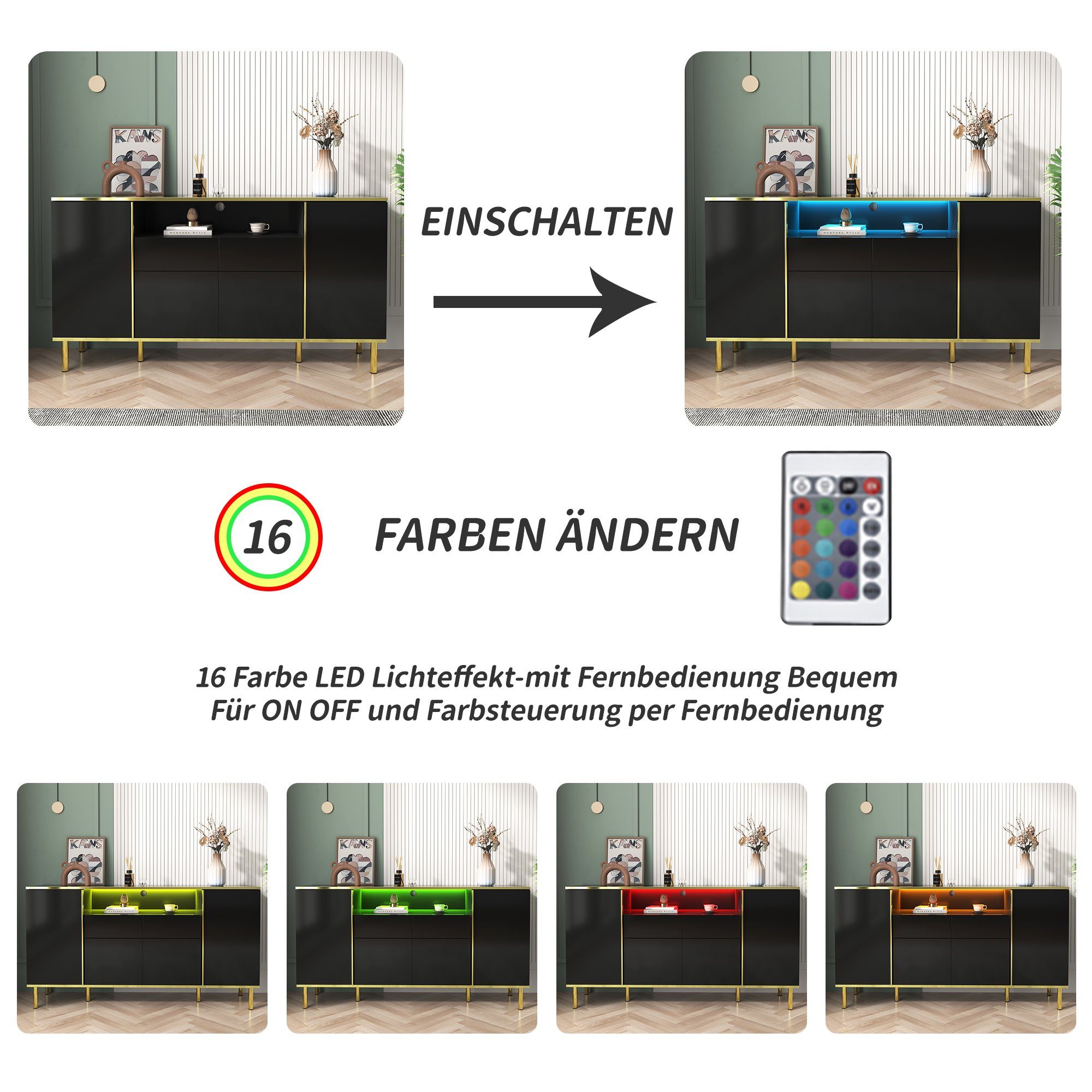 Merax Sideboard, hochglanz mit LED, Kommode mit goldenen Rahmen, Anrichte, Breite 150cm