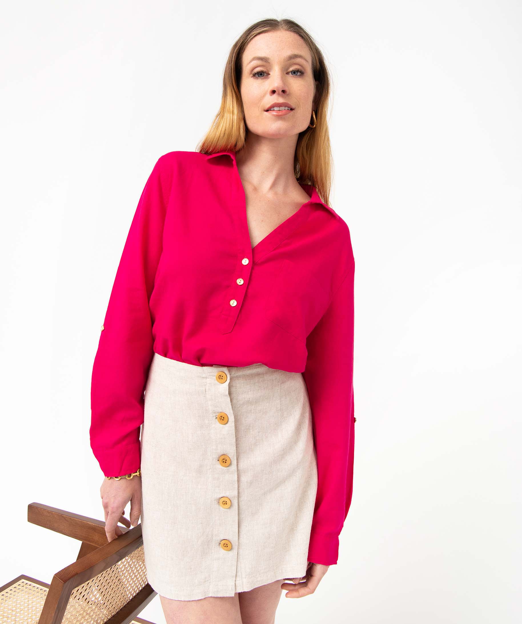Chemise femme avec col boutonné contenant du lin rose | GEMO