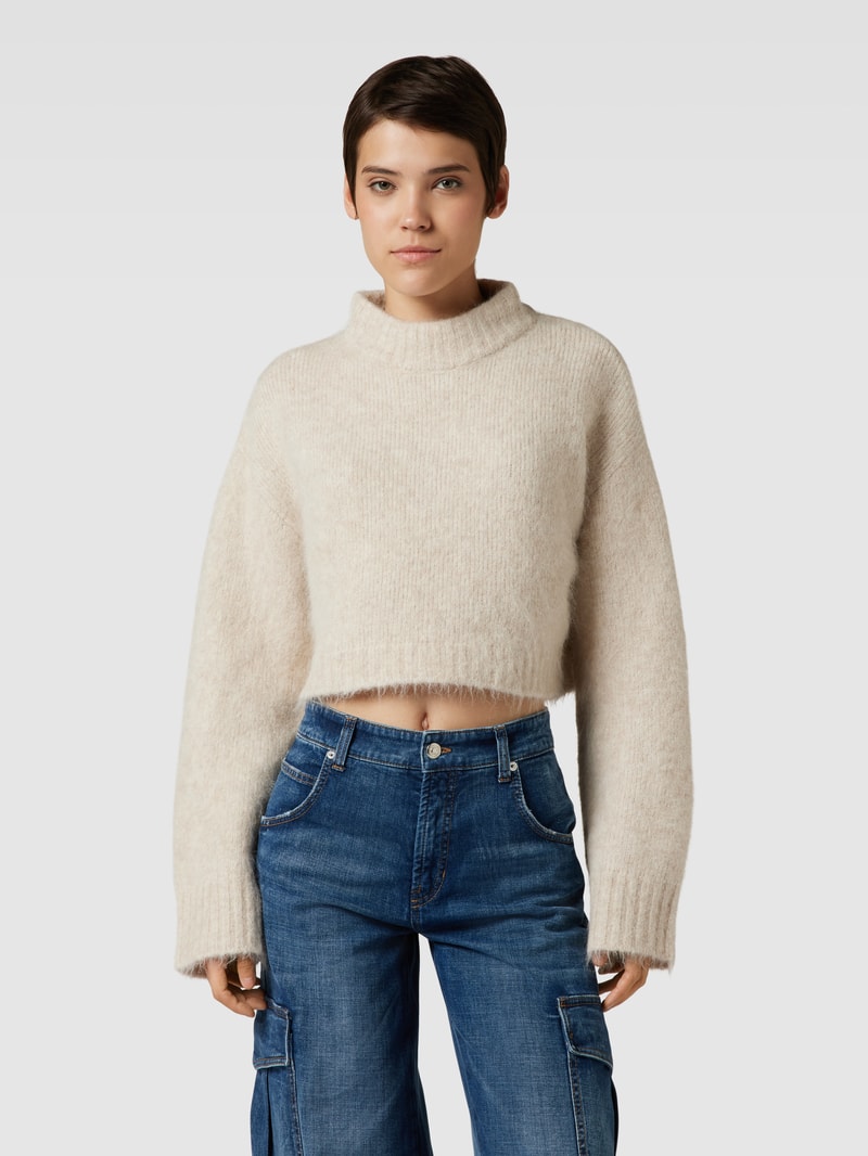 Cropped Strickpullover mit Stehkragen in offwhite