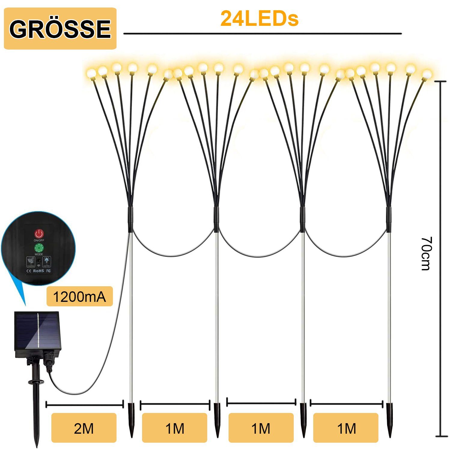 Rosnek LED Gartenleuchte 4 Stück, Solar, 8 Modi, wasserdicht, für Weg Terrasse Landschaft Deko, Warmweiß, Multicolor, Glühwürmchen Lichter, Fernbedienung, Halloween Weihnachten