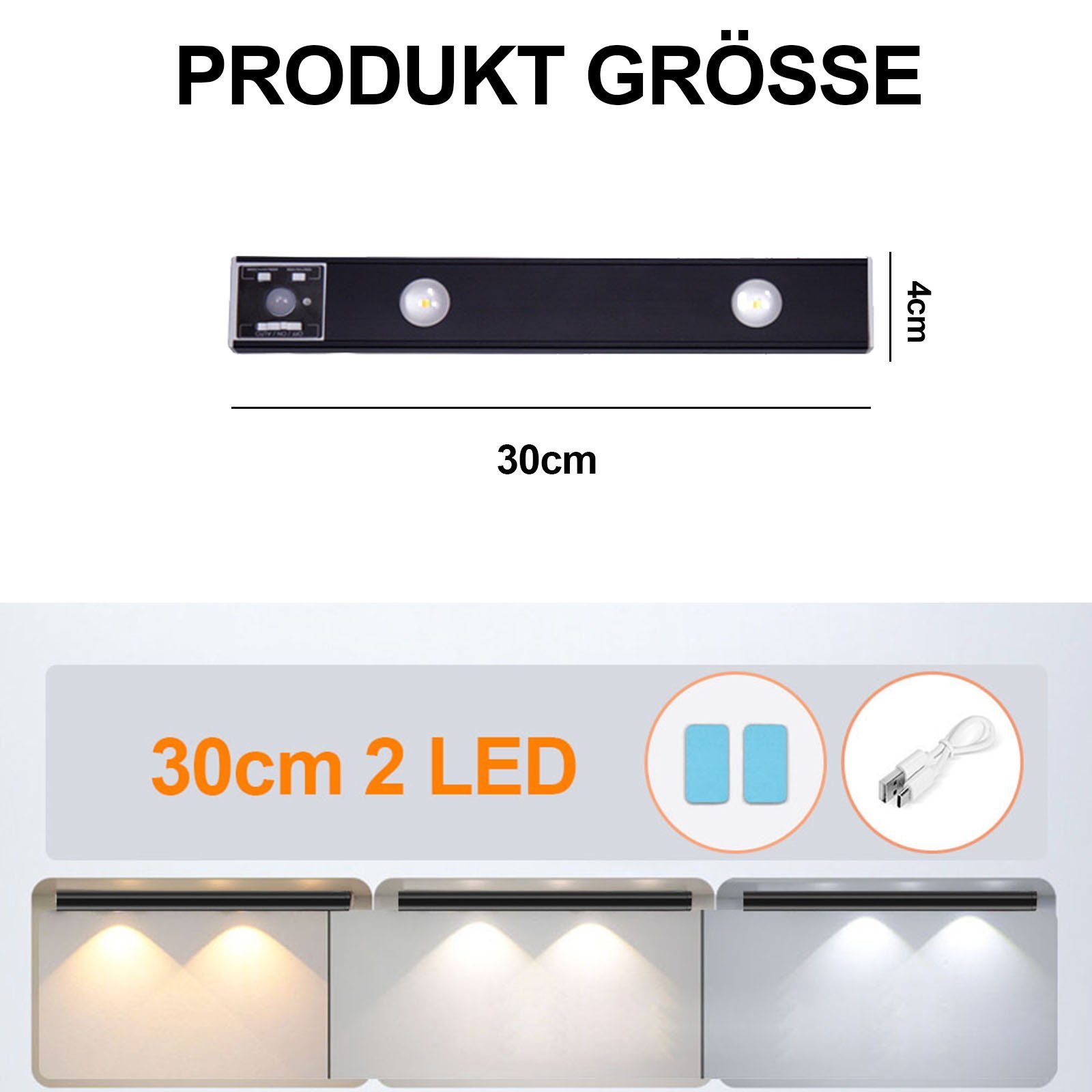 MUPOO LED Unterbauleuchte Unterschrank Beleuchtung Magnetisch,Kabellose,3 Lichtfarben, Led Wandleuchte, Bewegungssensor, Ultradünne 120°-Induktion, 3000K /4500K/6500K,USB-Laden für Unterbauleuchte Küche Schlafzimmer