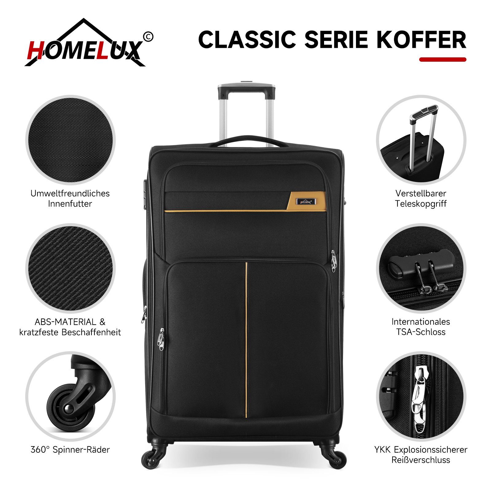 HOMELUX Kofferset Trolleyset 4 Teilig Stoffkoffer Reisekoffer, 4 Rollen, (Set, 4), Leicht Koffer Trolley Rollkoffer Set-S-M-L-XL