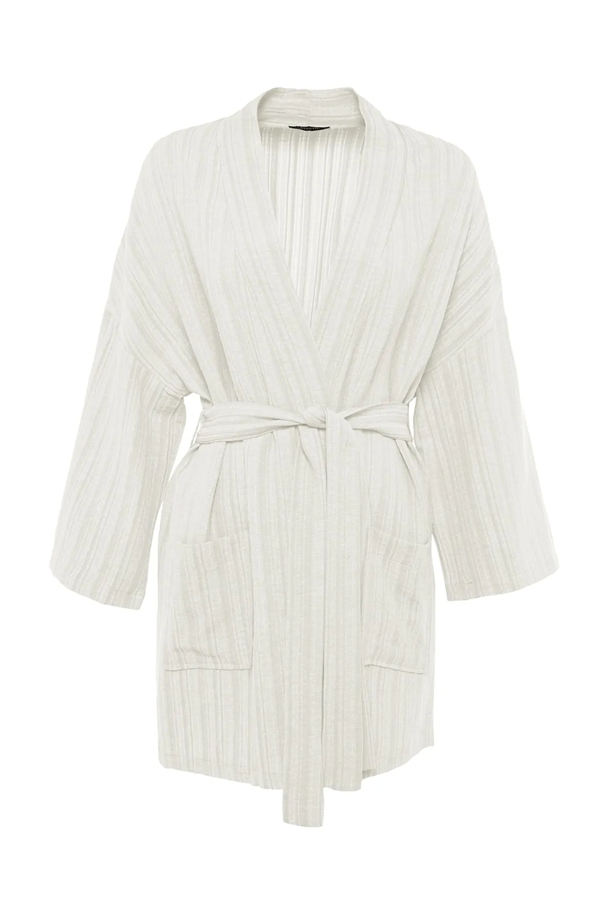 Trendyol Collection  Ecrufarbener, gewebter Mini-Kimono und Kaftan aus Leinenmischung mit Gürtel TBESS23KM00081