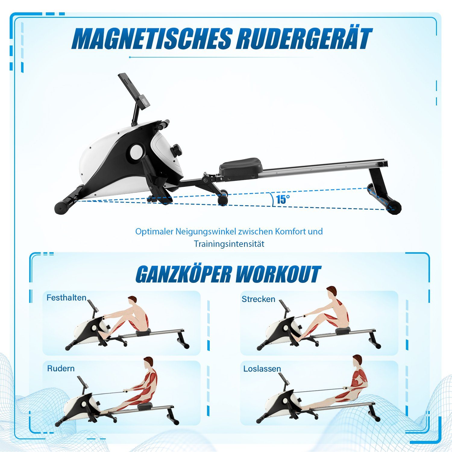WISHDOR Rudergerät Wasser Rudergerät Rudermaschine klappbar 8 Widerstandsstufen zuhause (mit Transporträdern, mit LCD-Display, leises Magnetbremssystem, Enthält kein PAD), für Zuhause das Heim-Fitnessstudio Rower Ruderer Bis 110KG