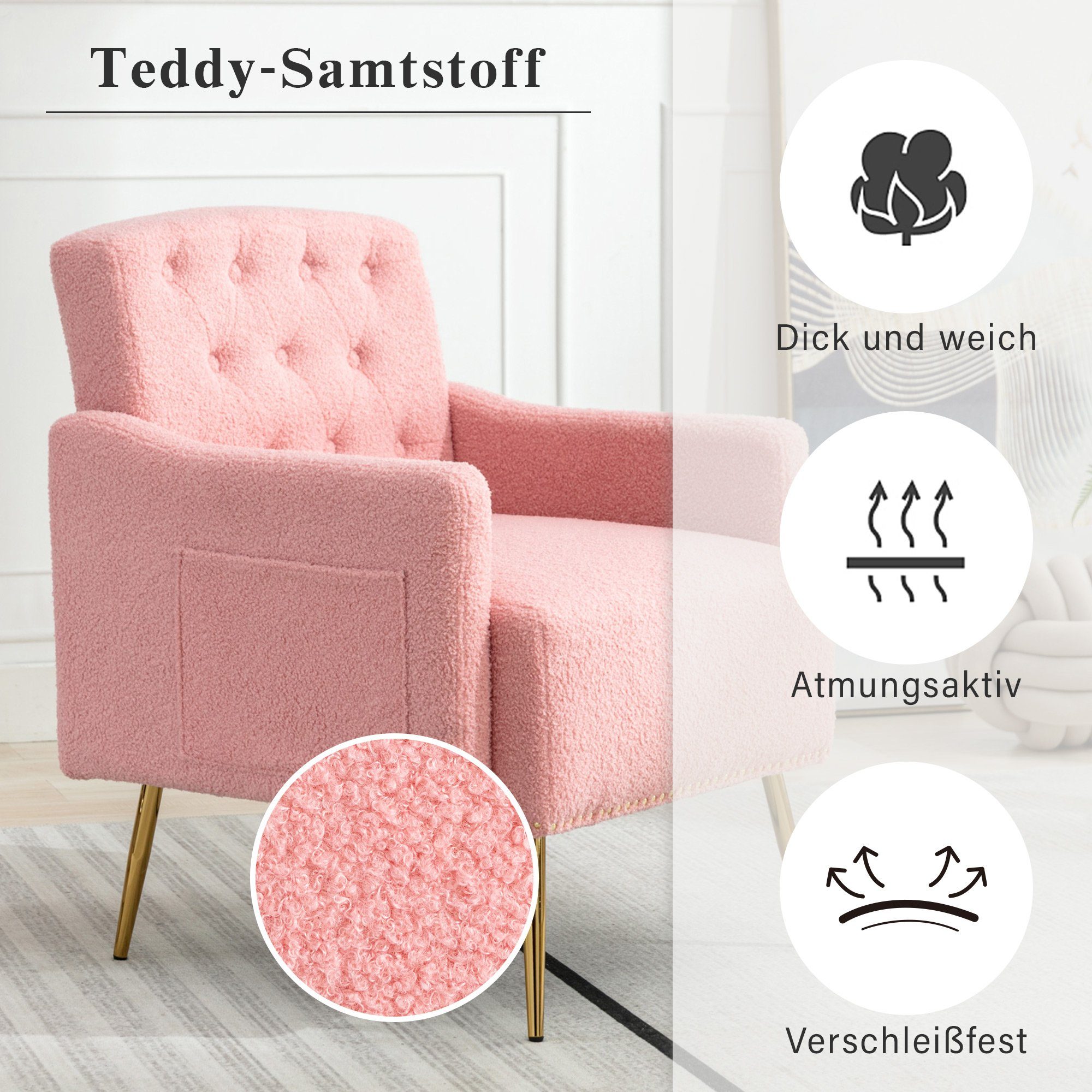 OKWISH Sessel Relaxsessel, Relaxstuhl, goldene Metallbeine, Teddy-Samt-Stuhl (Wohnzimmerstuhl, bequemer Sessel, geeignet zum Lesen oder Entspannen, Wohnzimmerstuhl, bequemer Sessel), mit Reißverschluss-Design