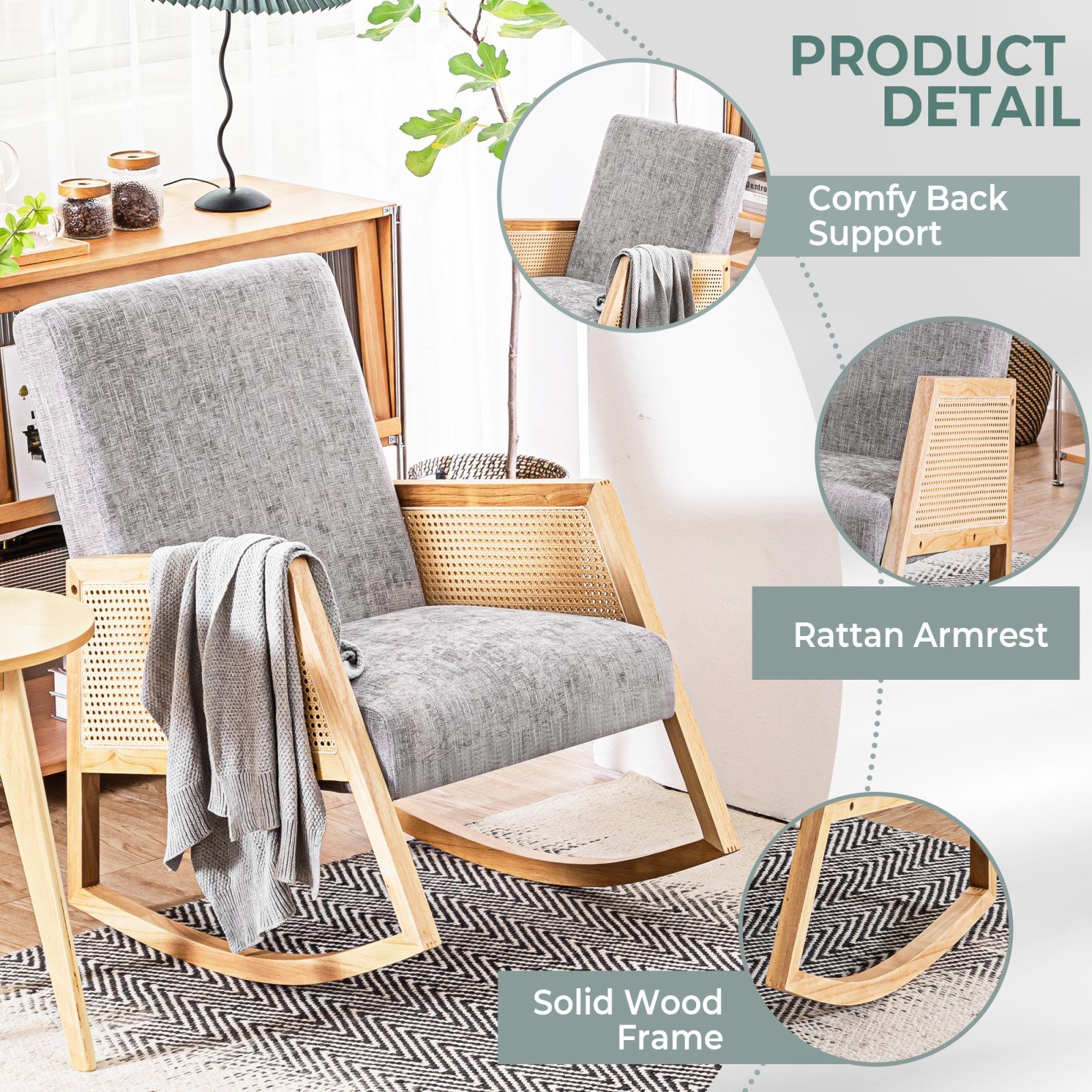 SEEZSSA Schaukelstuhl Wohnzimmer Schaukelstuhl, Massivholz Schaukelsessel Freizeitstuhl (1 St), mit PE Kunststoff Rattan Relaxstuhl für Kinderzimmer Schaukelstuhl