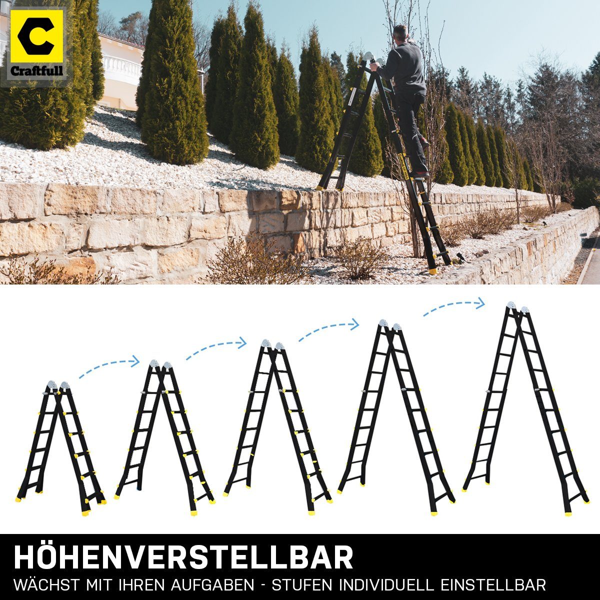 Craftfull Teleskopleiter 4in1 Treppenleiter CF-105A - 3 Jahre Garantie - 6,25 m - Aluminium (Black-Edition - 150 kg Traglast - Mehrzweckleiter Alu Stehleiter bis 150 kg - Anlegeleiter - Trittleiter - Wandleiter - Arbeitsbühne - Haushaltsleiter - Ausz