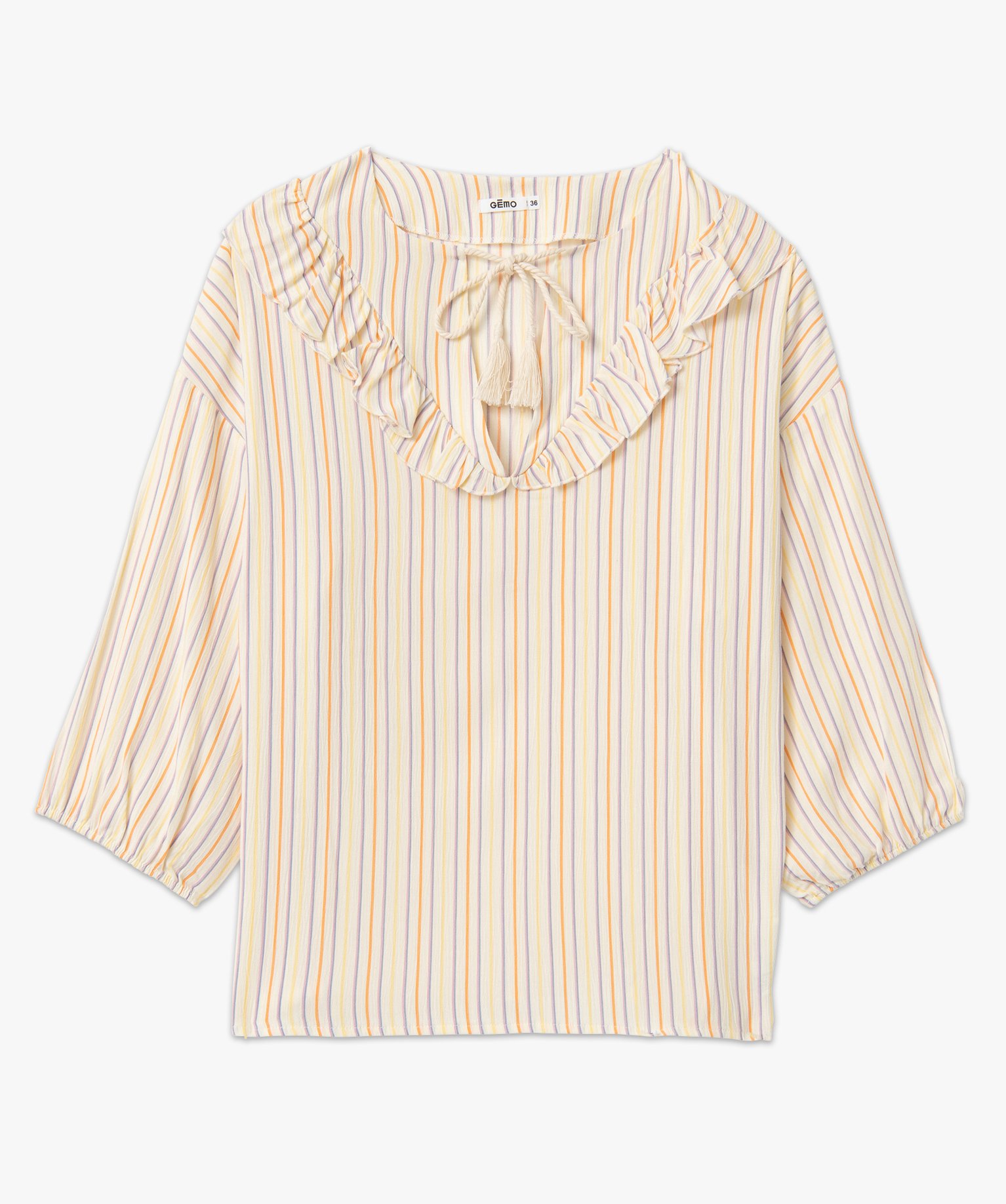 Blouse femme imprimée avec volants sur le col raye | GEMO