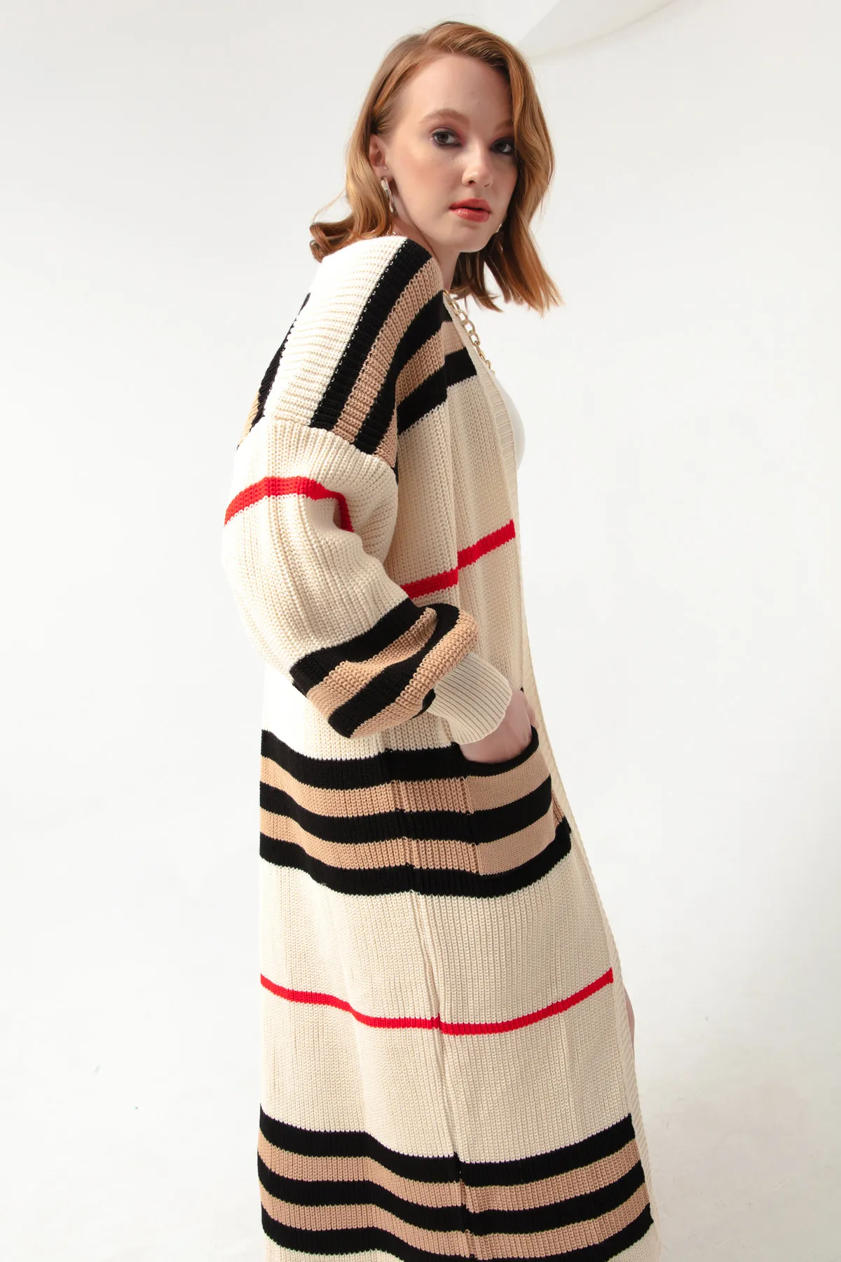 Lafaba  Beige-brauner, langer Strick-Cardigan mit Ballonärmeln für Damen