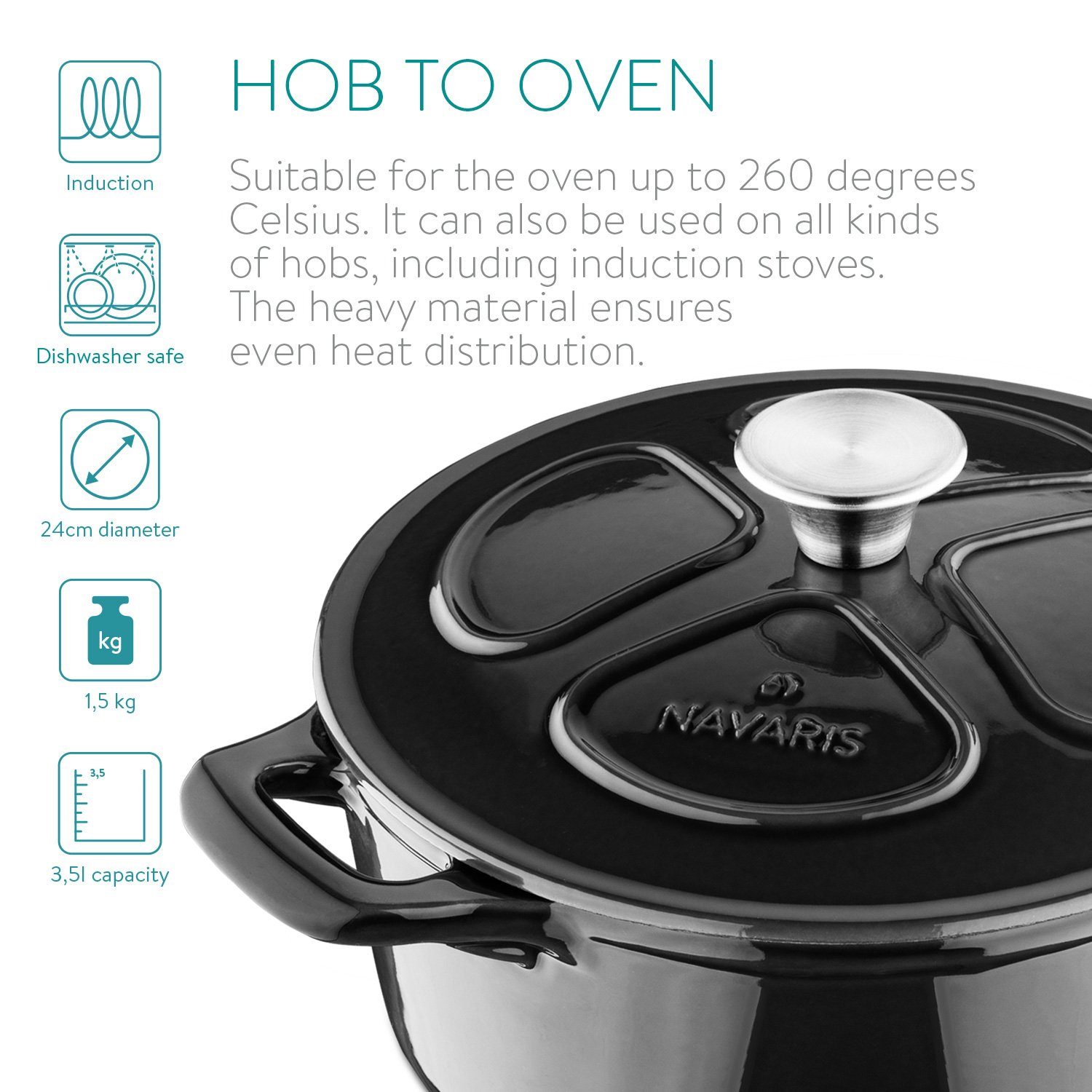 Navaris Bratentopf, Gusseisen, Gusseisen Topf Kochtopf 3,5l - Ø 24cm Bräter emailliert temperaturbeständig - alle Speisen und Kochflächen - spülmaschinenfest