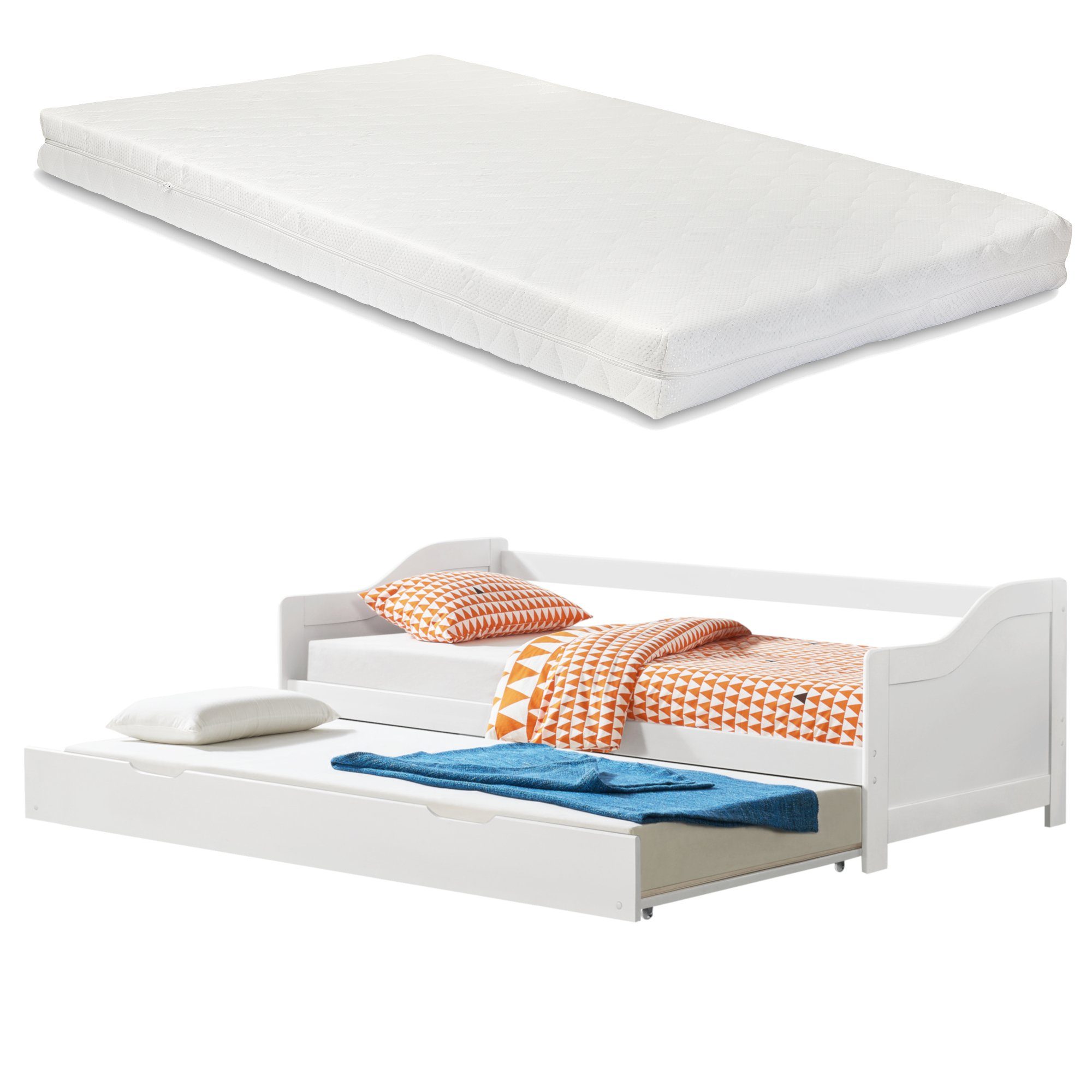 en.casa Ausziehbett, Pederholm Tandembett mit 2 Kaltschaummatratzen Weiß