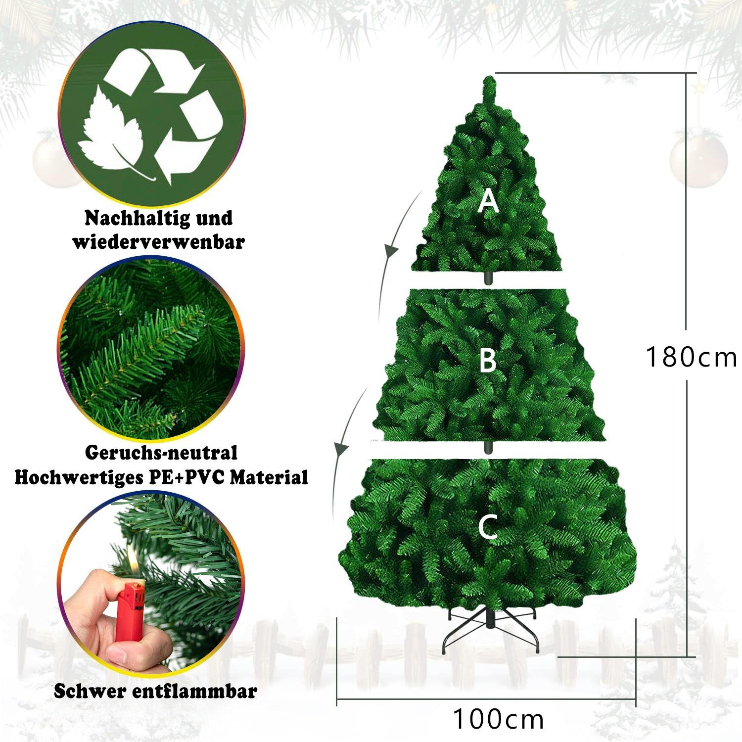 TAB Künstlicher Weihnachtsbaum Tannenbaum mit 100% neu PVC, Künstlicher Christbaum, 180 cm mit 1300 PVC Spitzen und Metallständer, Kein Geruch mit Umweltverträgliche Materialien