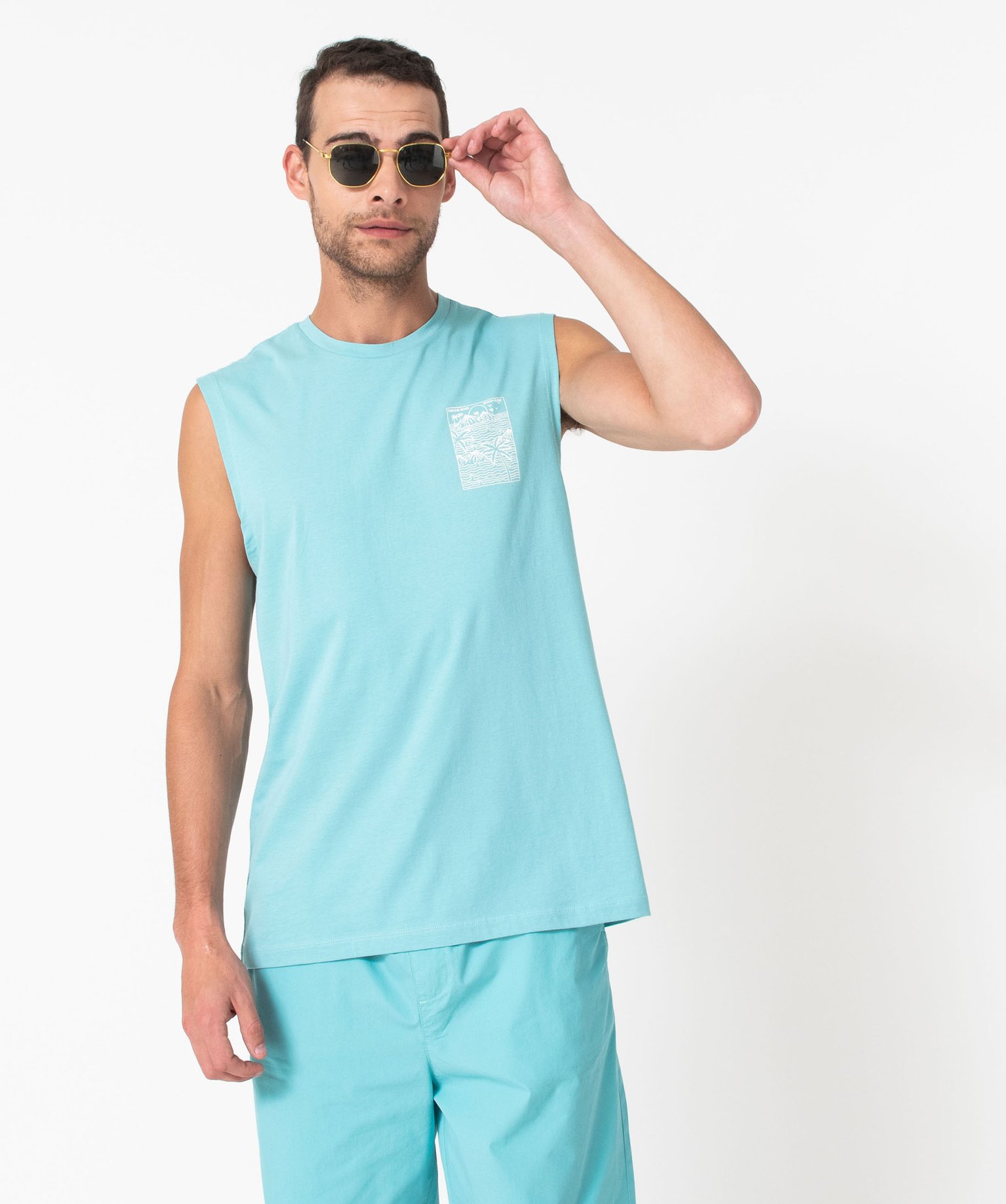 Débardeur large en coton homme turquoise | GEMO