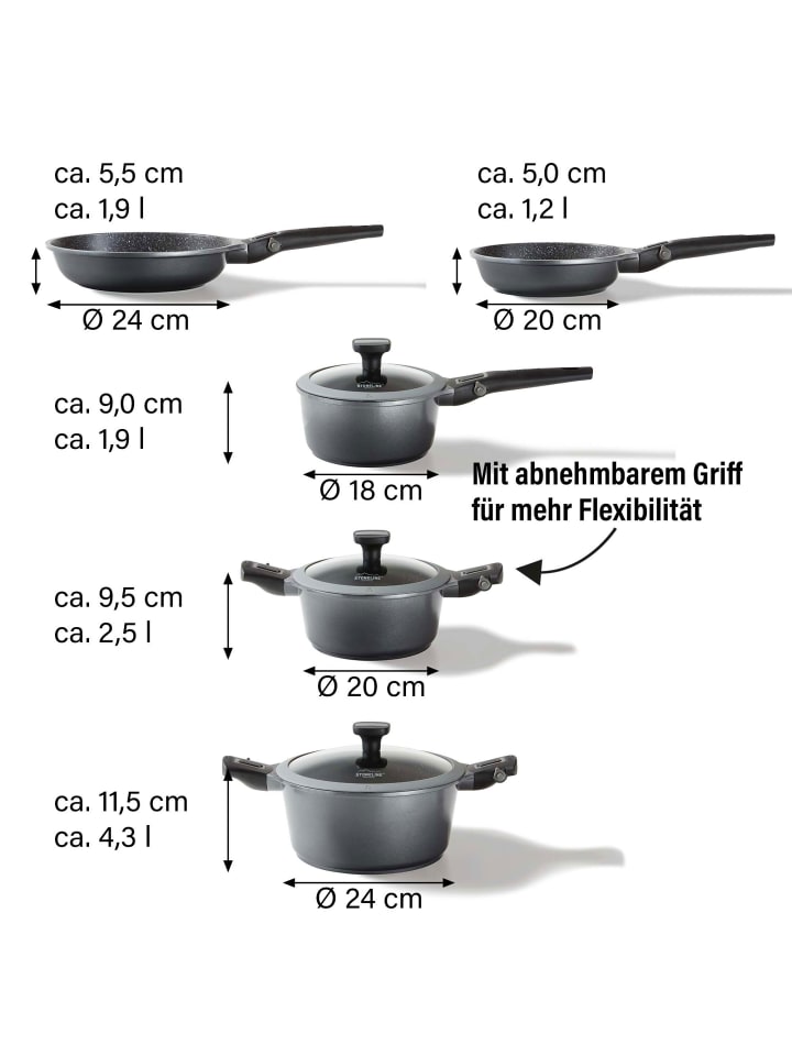 Stoneline Kochgeschirr-Set 8-teilig 18/20/24 mit abnehmbaren Griffen | mit Deckeln in Stoneline marble günstig kaufen onesize