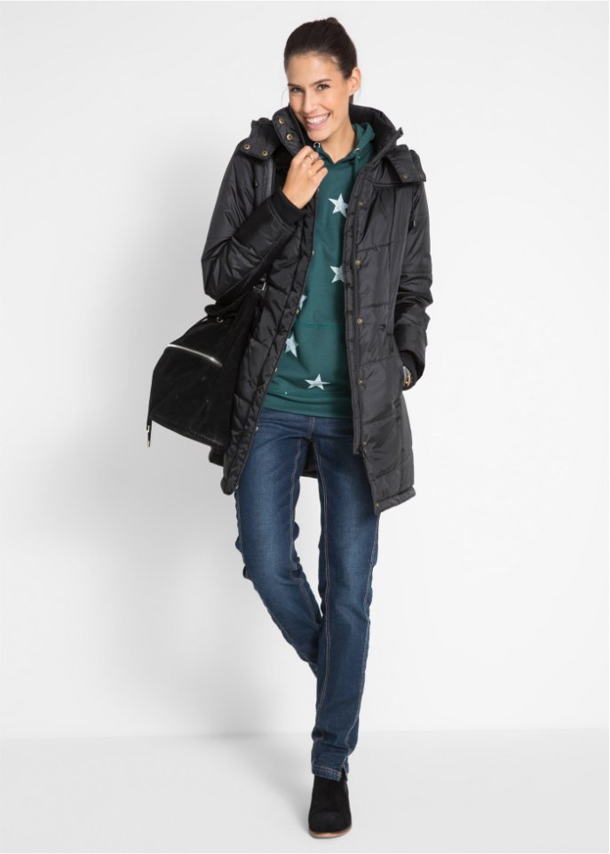 Long-Steppjacke, wattiert mit Kragen und Kapuze